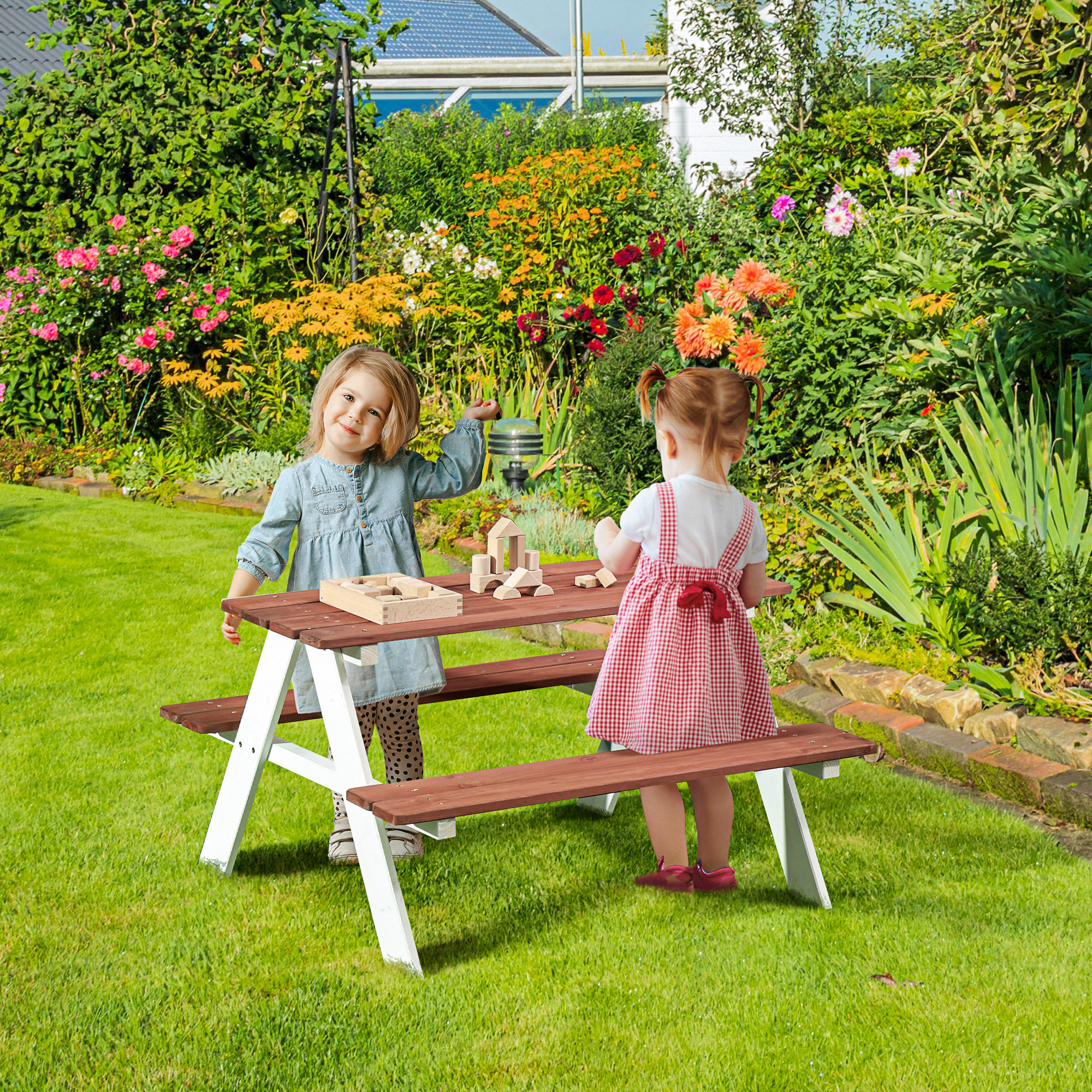 Table de Pique-Nique Enfant en Bois avec 2 Bancs, Dessus 89x33 cm, Cadre en A, F