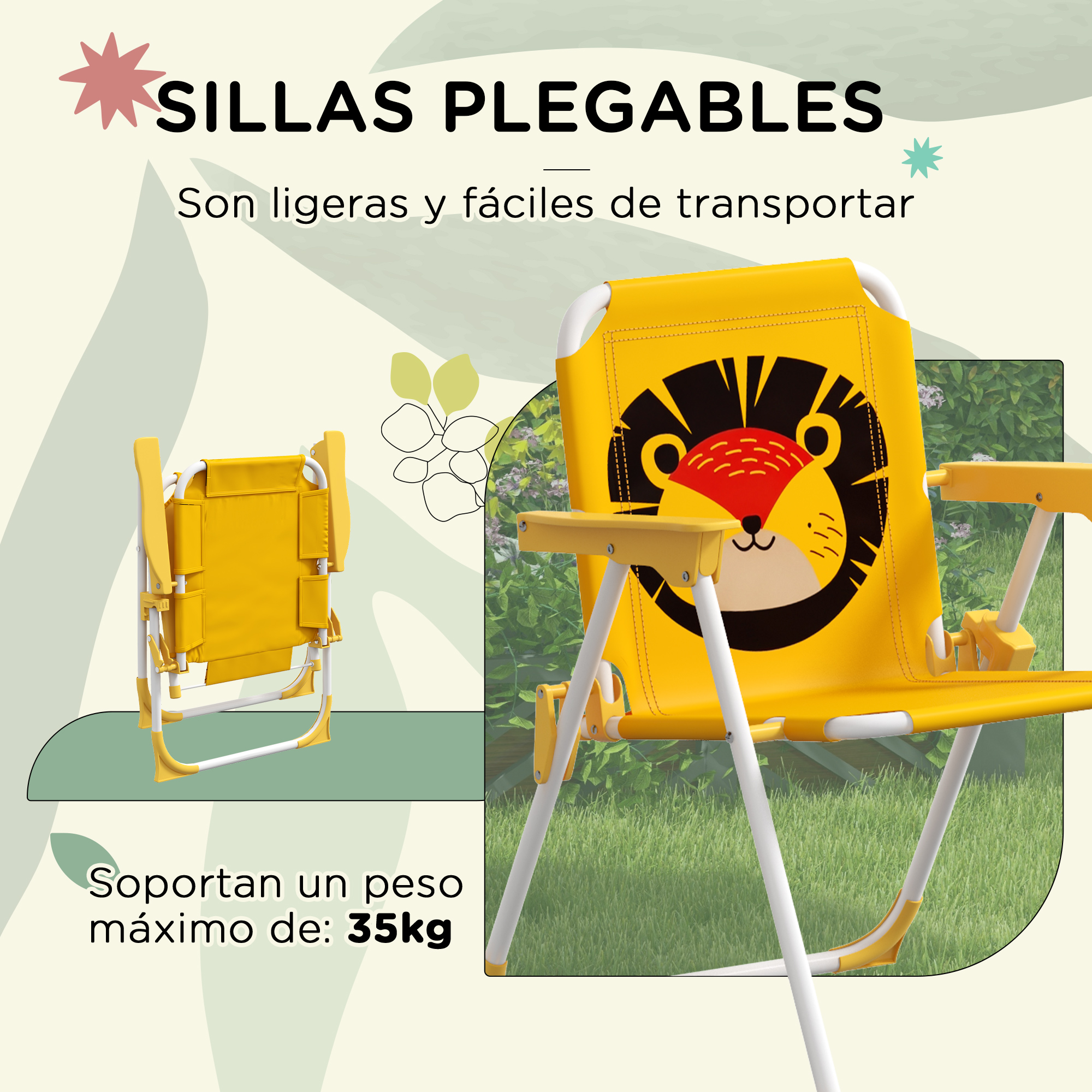Ensemble Table Ronde et 2 Chaises Pliantes Enfant avec Parasol Lion