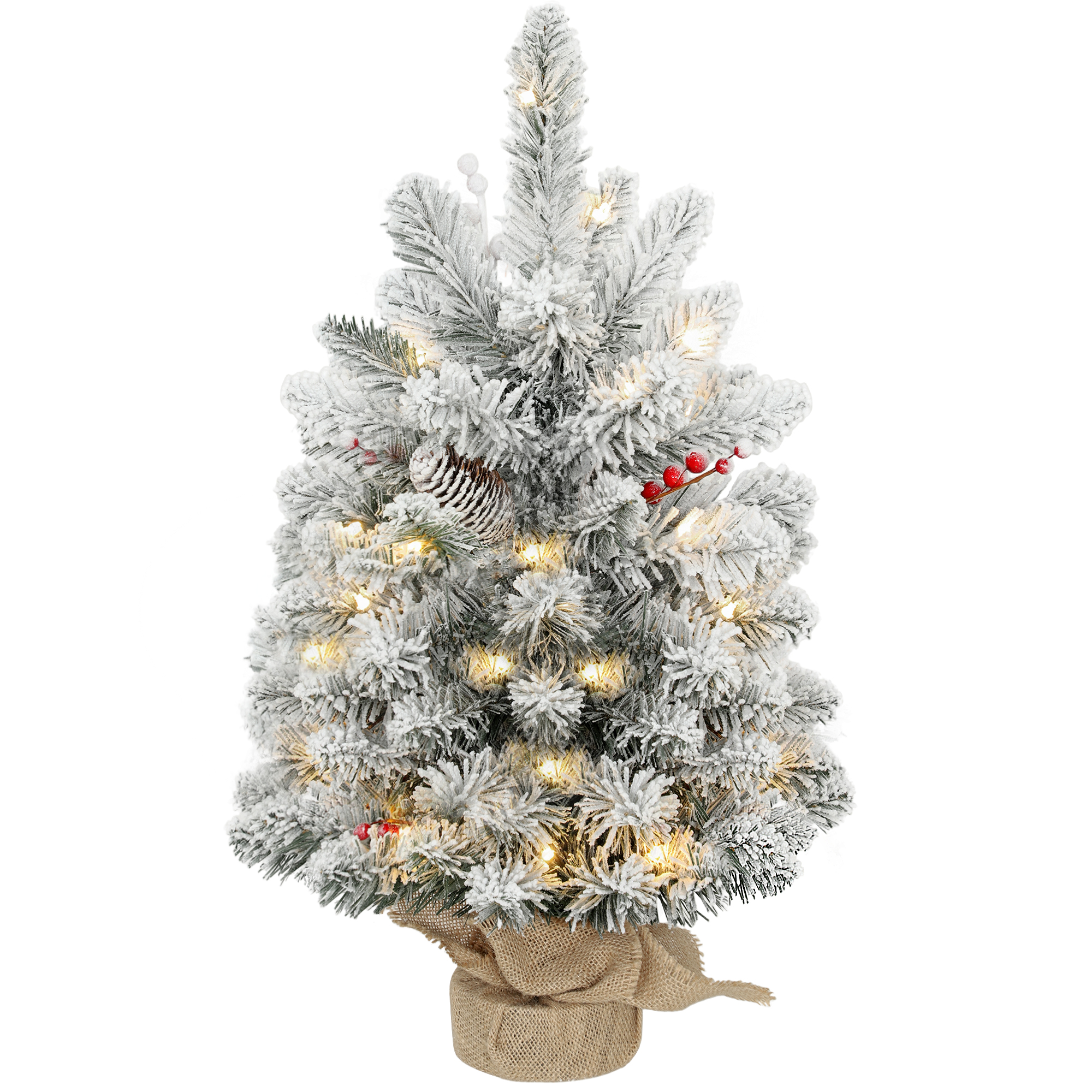 Mini Sapin de Noël Artificiel 60 cm, 35 Lumières LED, 72 Branches Denses Enneigées, Pommes de Pin et Baies, Base Toile de Jute