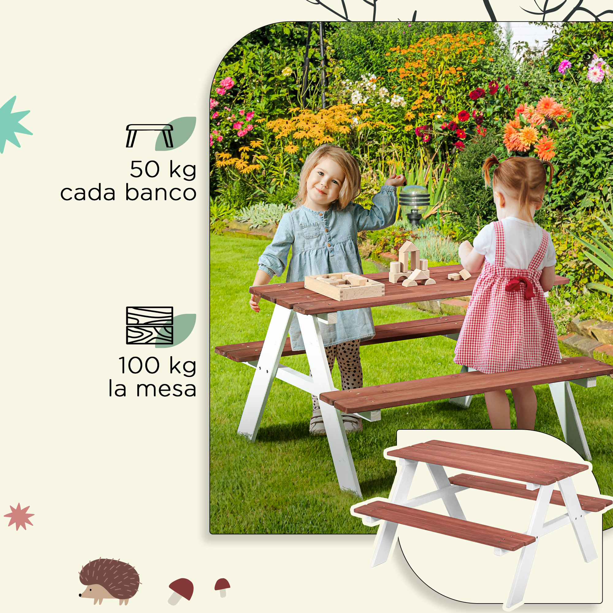 Table de Pique-Nique Enfant en Bois avec 2 Bancs, Dessus 89x33 cm, Cadre en A, F