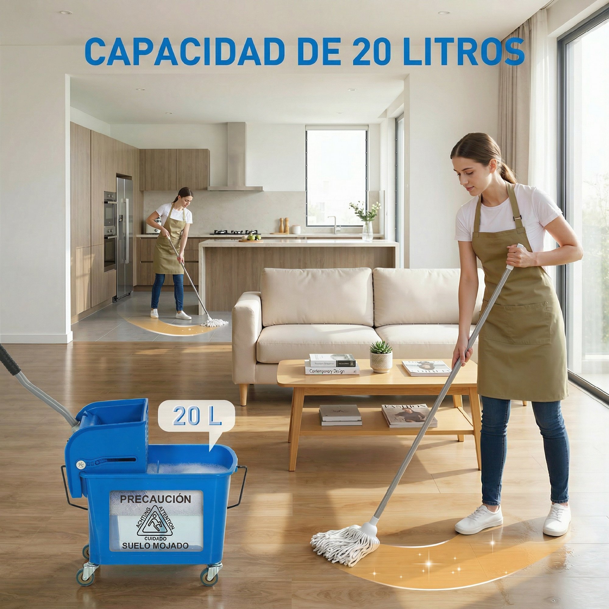 Seau bleu 20L essoreur latéral 4 roulettes serpillière fournie