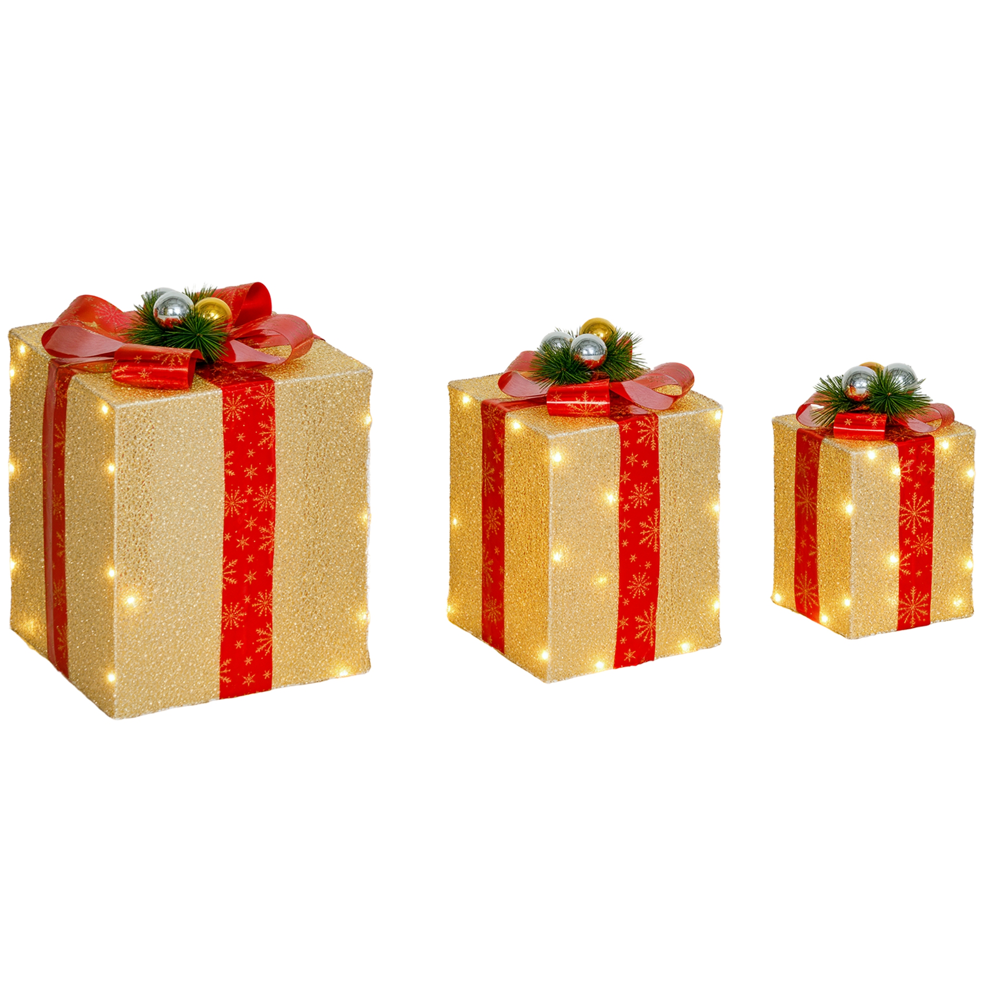 Lot de 3 Boîtes Cadeaux Lumineuses de Noël, 58 LED Blanc Chaud, Ornements LED Extérieur, Doré