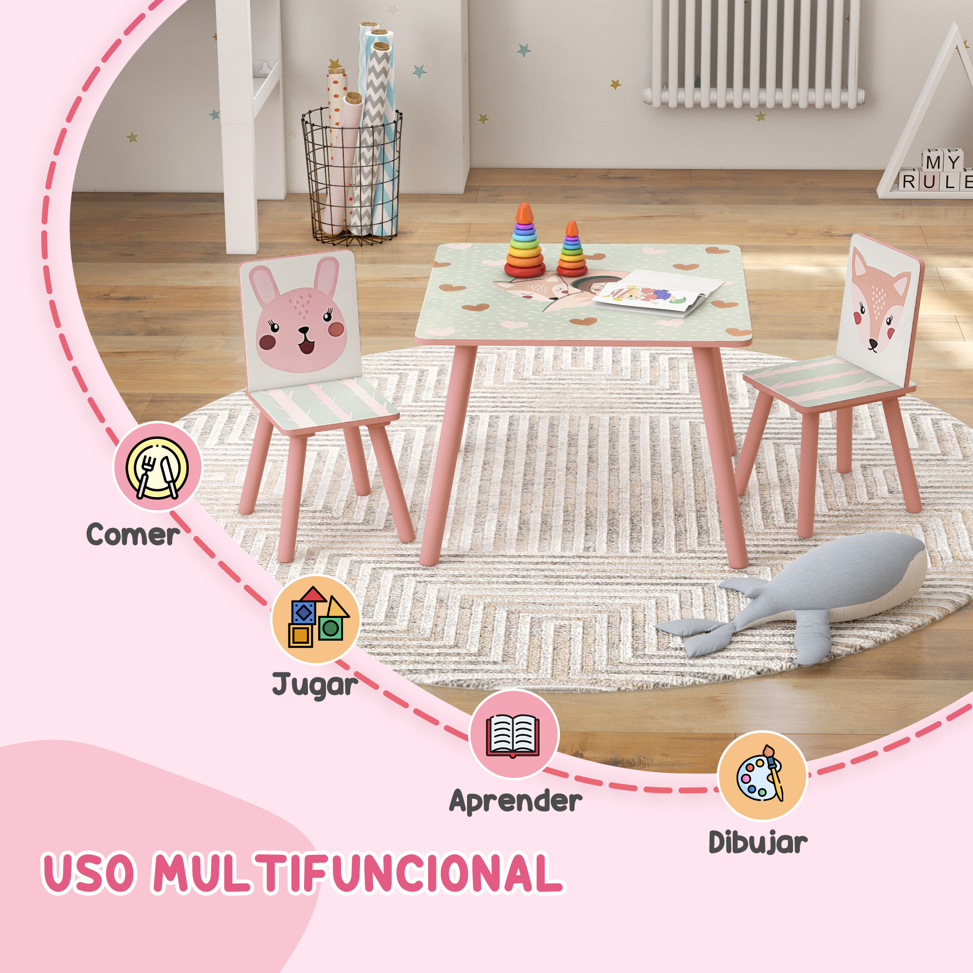 Ensemble Table Carrée et 2 Chaises Enfant Motif Animaux