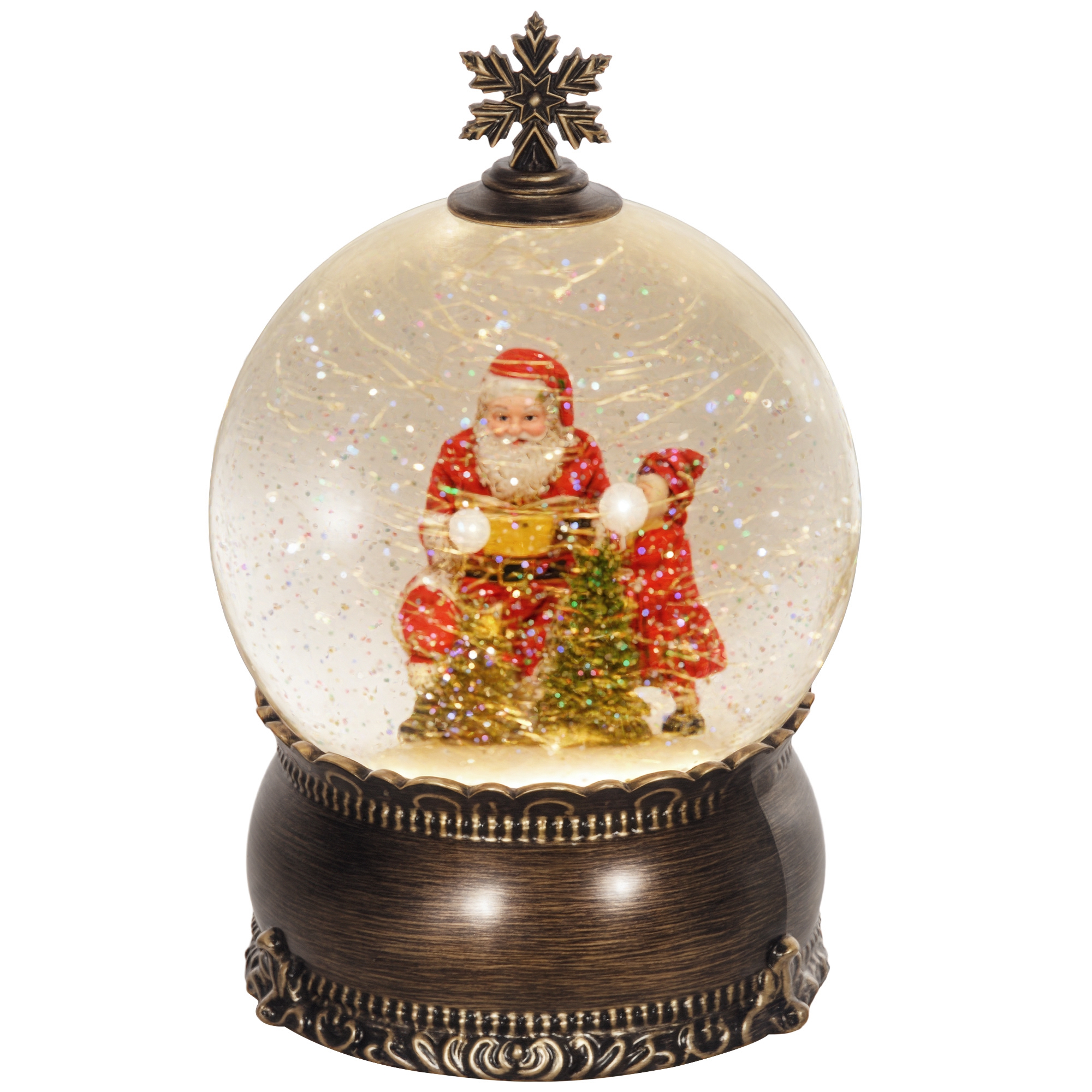 Boule à Neige de Noël avec Musique et Lumières, Scène Père Noël et Enfant, Décoration Festive Cadeau, Bronze