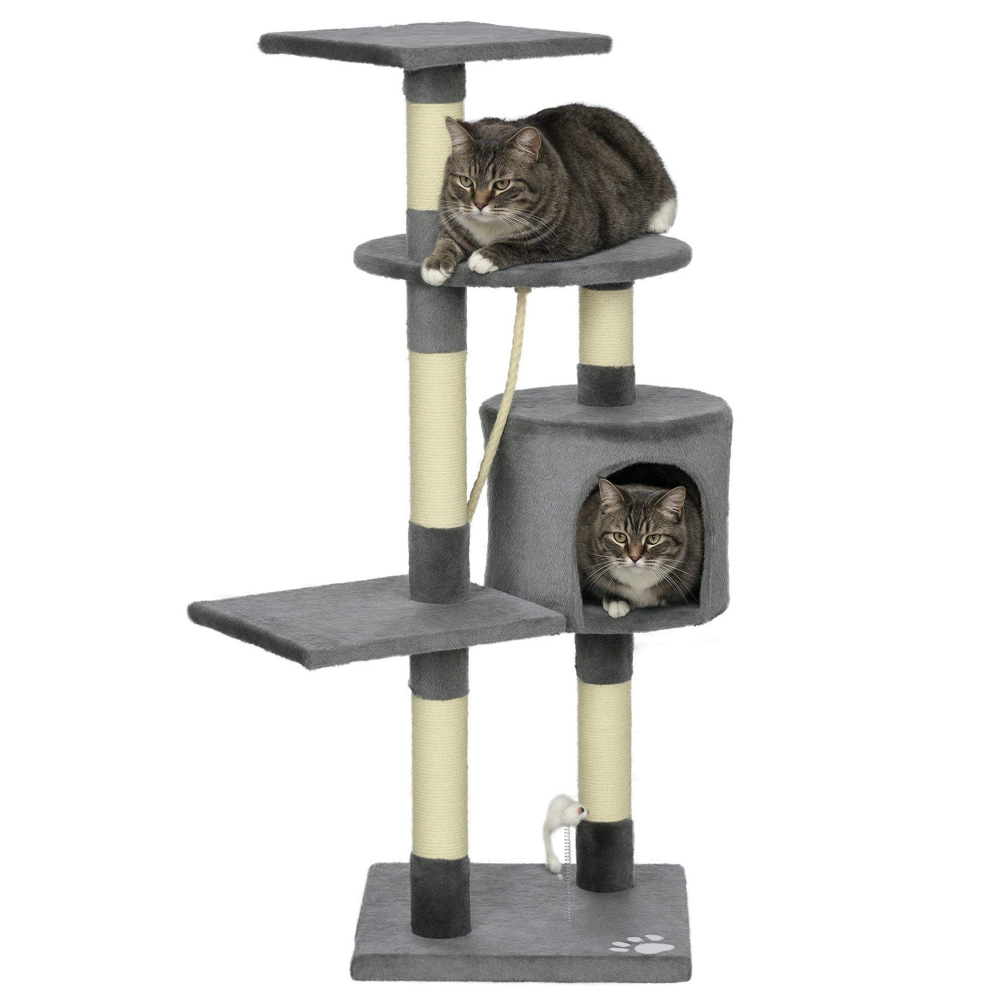 Arbre à chat gris multi-niveaux avec cabane et postes griffoir