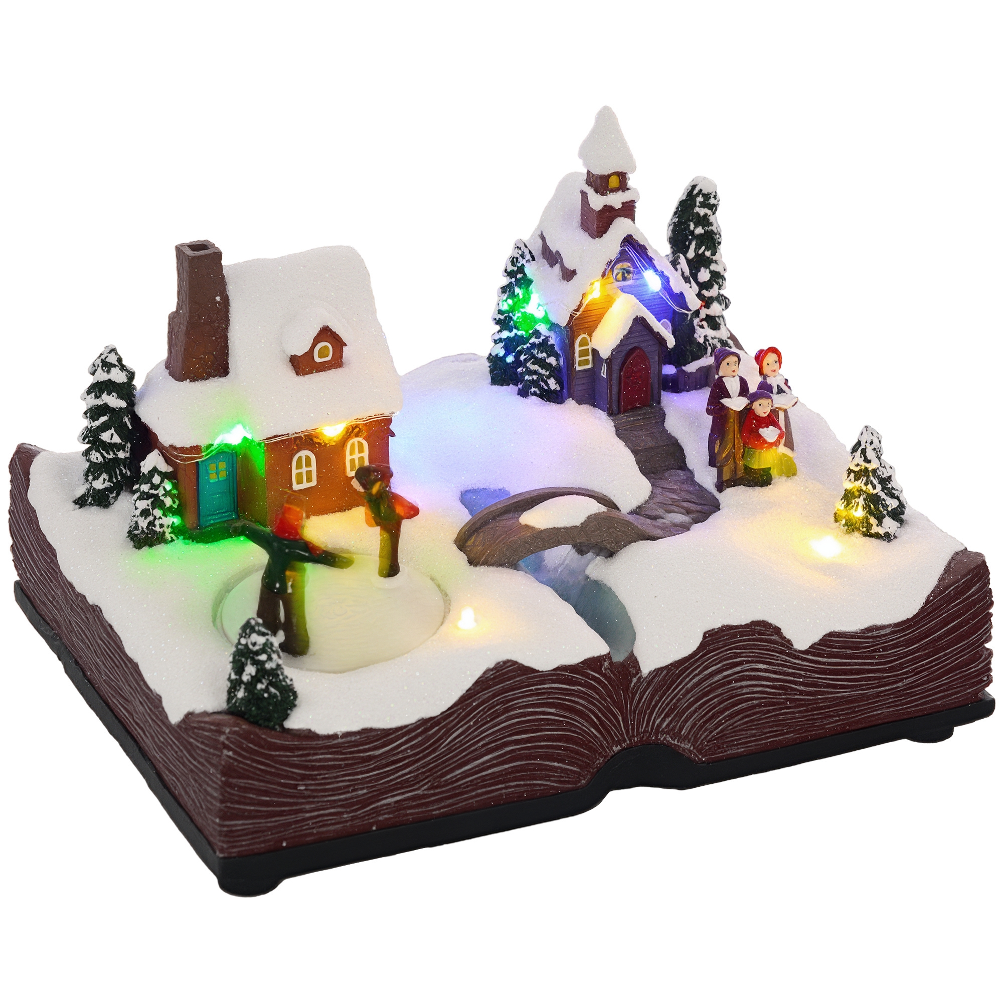 Village de Noël Scène Illuminée et Musicale, Patineurs Giratoires, Décoration de Table, 23x18x15 cm Multicolore