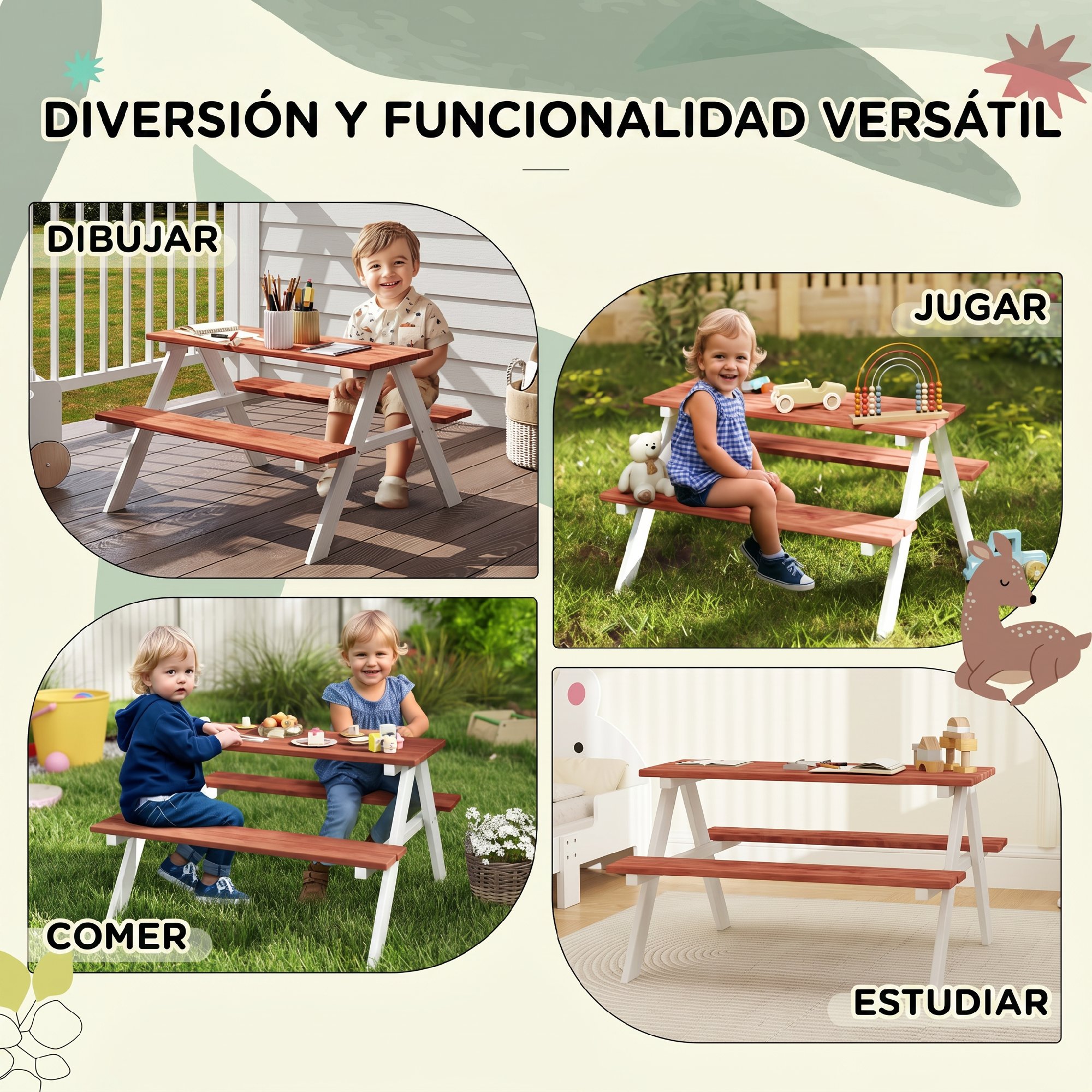 Table de Pique-Nique Enfant en Bois avec 2 Bancs, Dessus 89x33 cm, Cadre en A, F