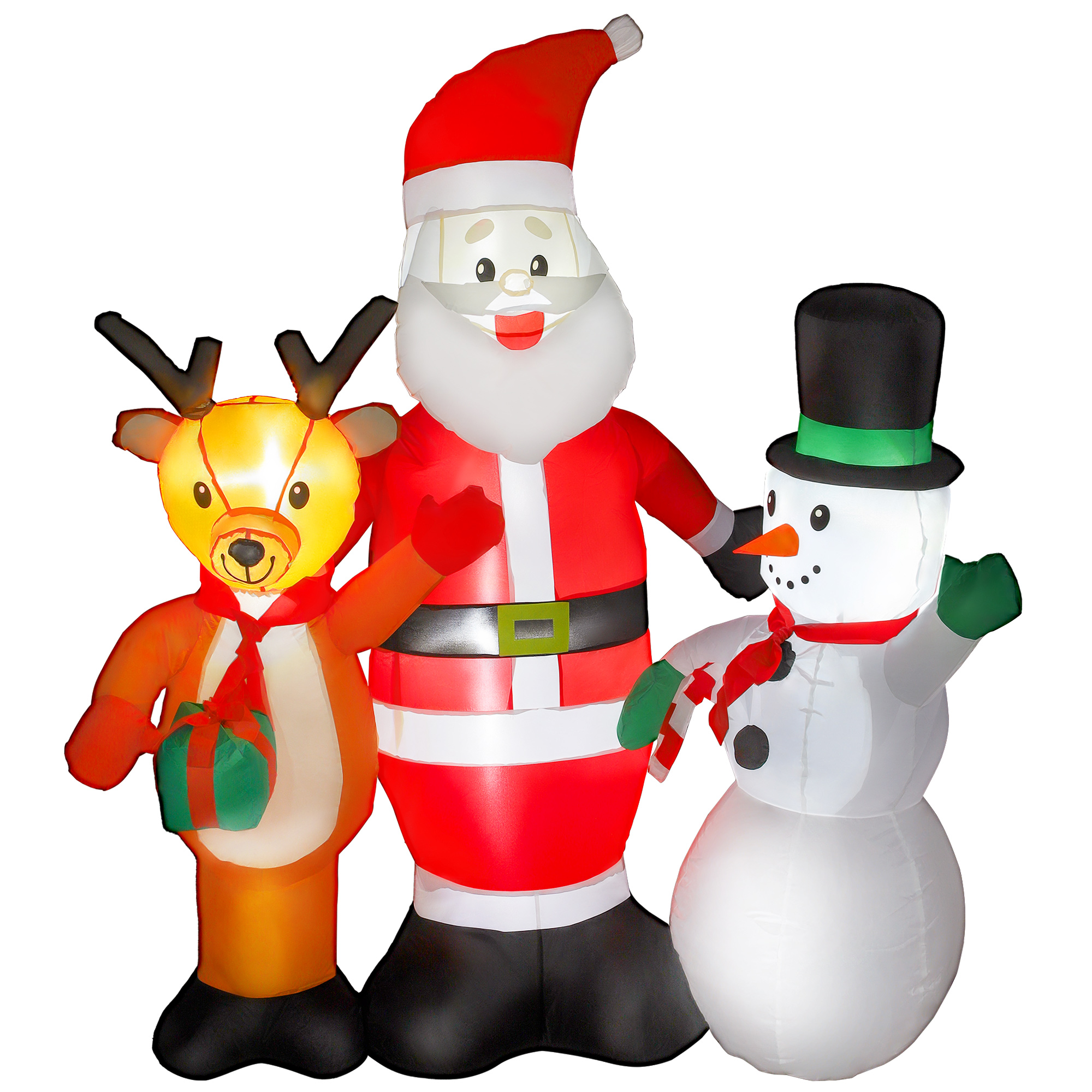 Père Noël Gonflable 150 cm avec Renne et Bonhomme de Neige, Lumières LED et Souffleur Électrique, Extérieur Jardin