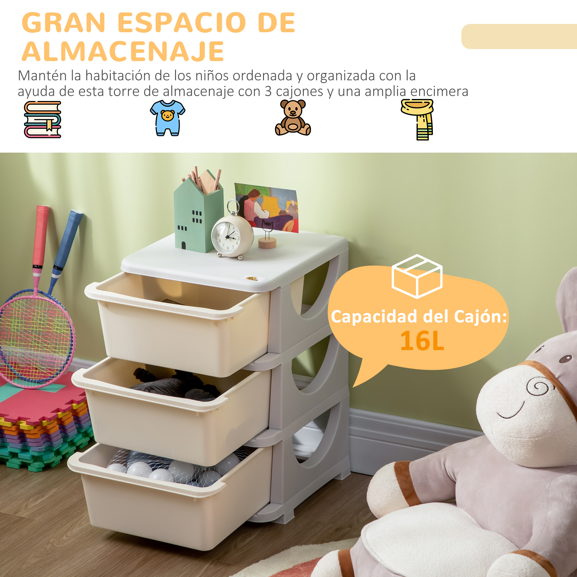 Tour de Rangement Enfant 3 Tiroirs