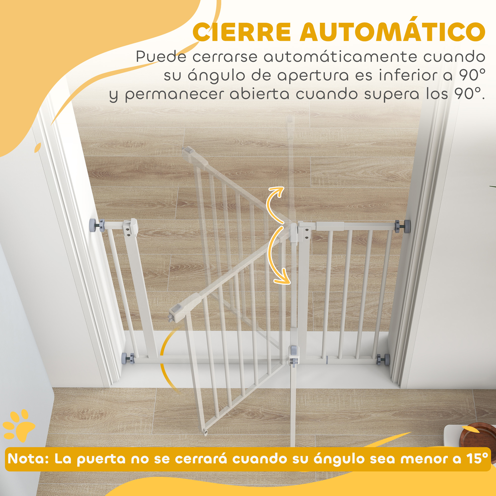 Porte auto‑fermante : 15‑90° fermeture, >90° maintien ouvert