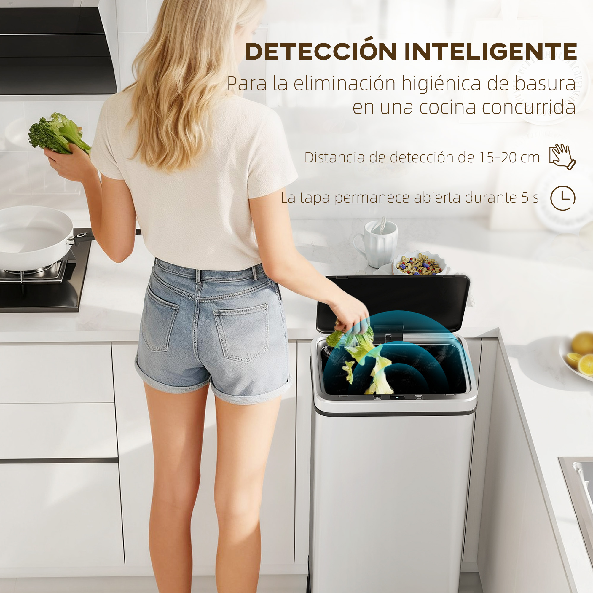Poubelle 50L acier inox capteur sans‑contact pieds surélevés