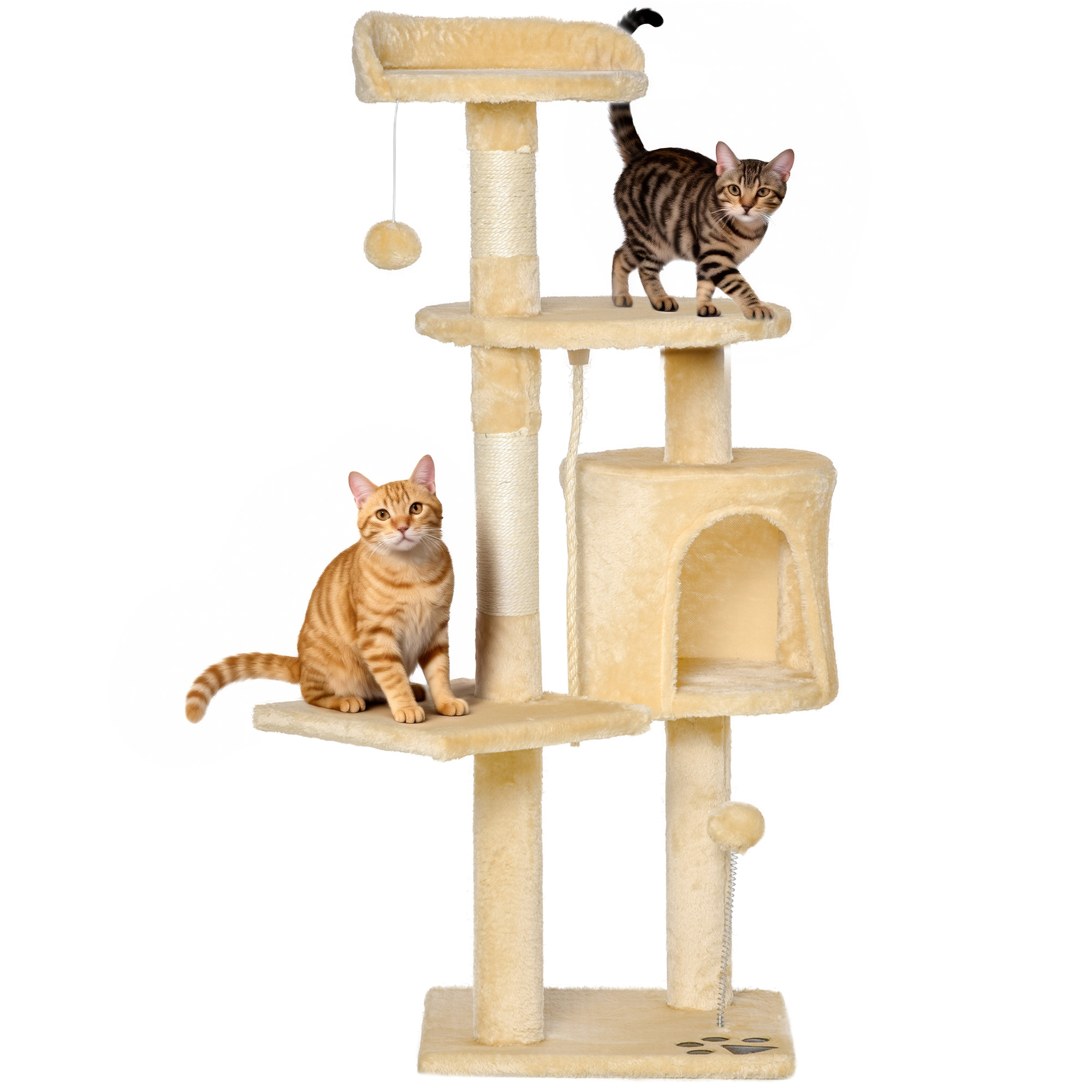 Arbre à chat grand avec plateformes, cabanes et balles de jeu, 114 cm, recouvert de peluche, beige