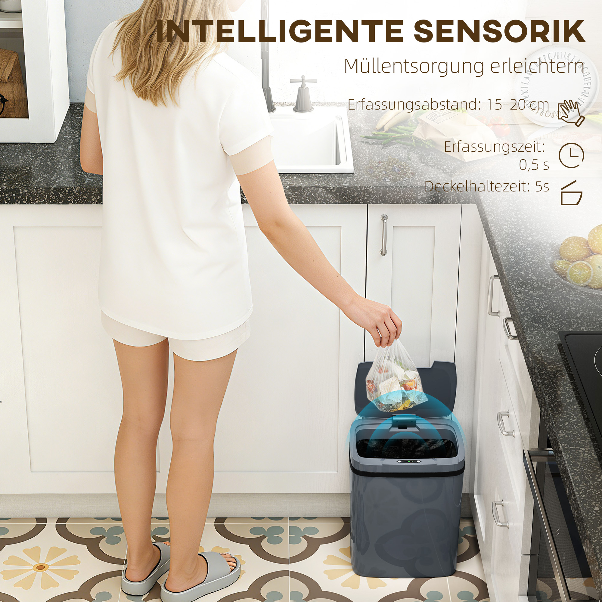 Poubelle automatique 15L gris capteur sans‑contact