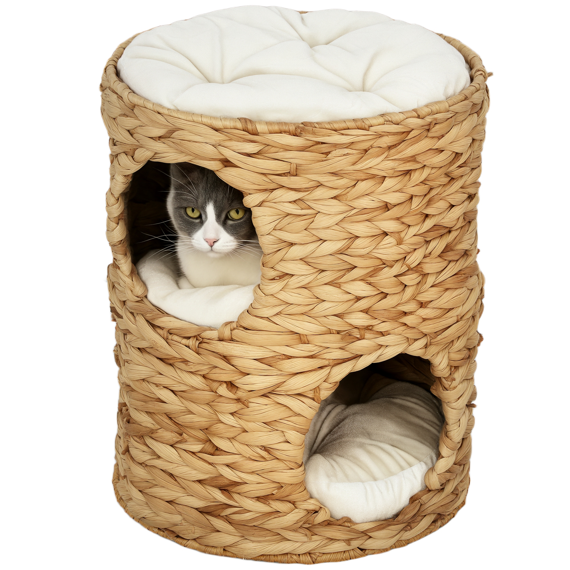 Tonneau à gratter 50 cm. 2 niches. coussins. arbre à chat avec lit pour chat. tour en jacinthe d'eau. marron clair