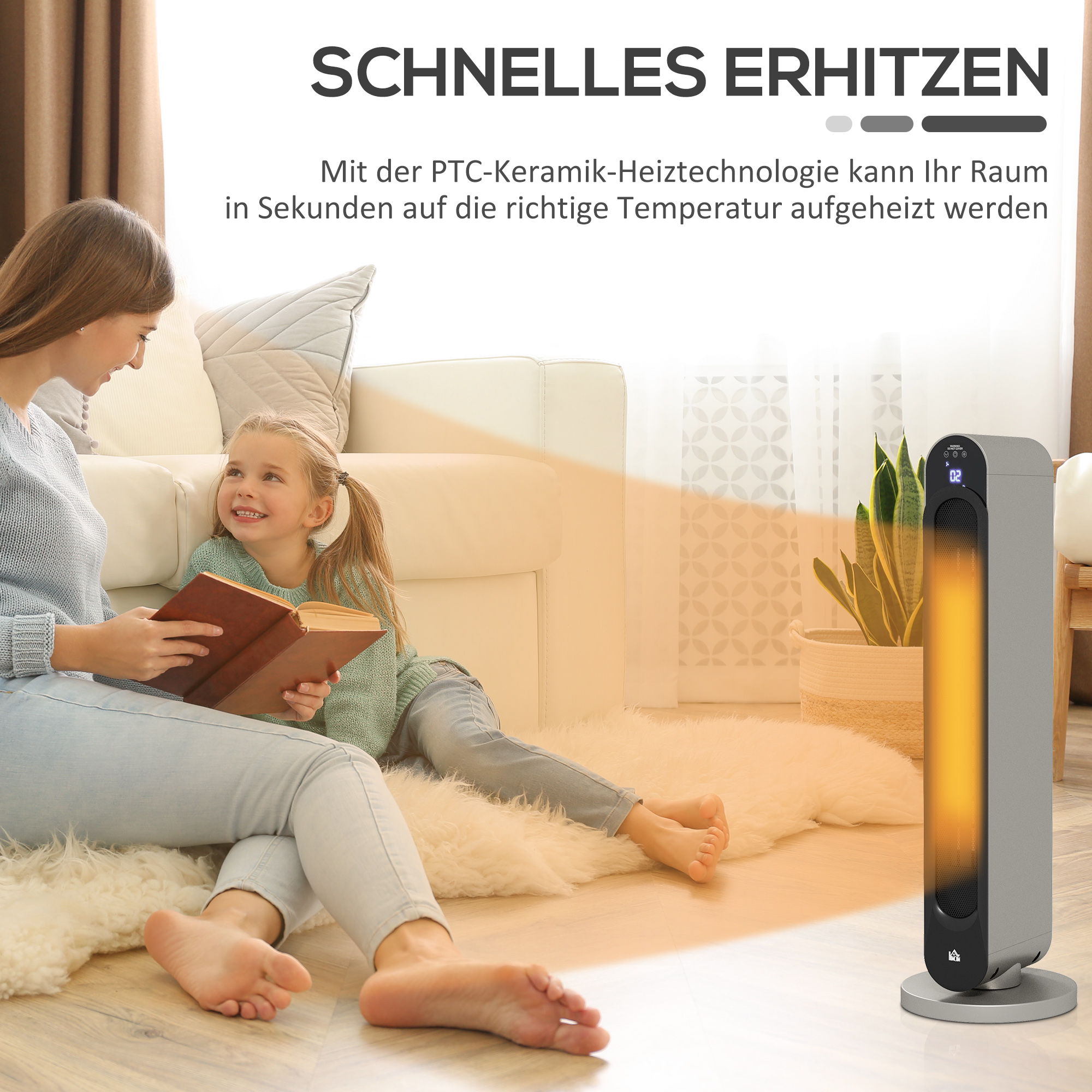 Technologie PTC chauffage rapide, 3 modes : faible / fort / ventilateur
