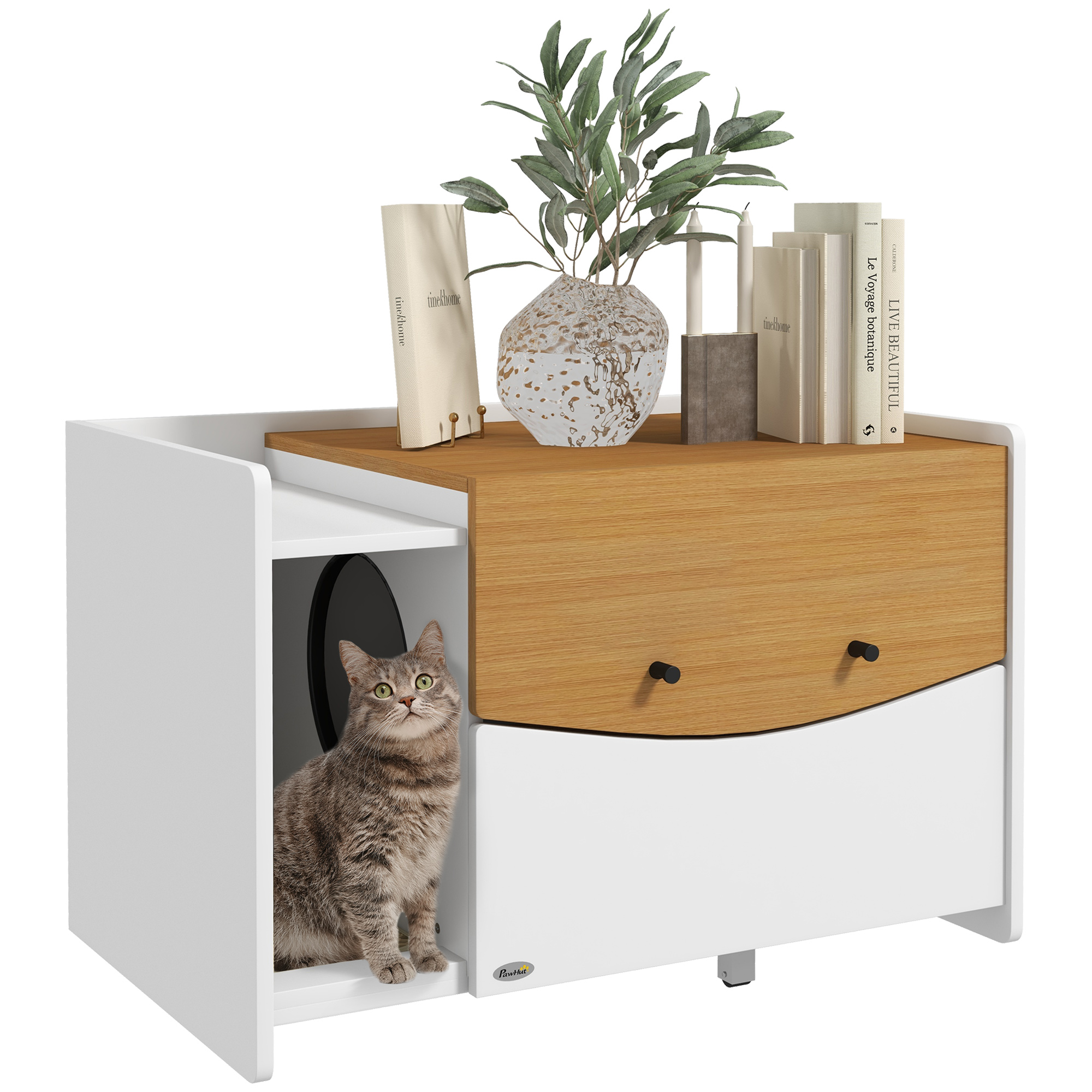 Litière pour chat. extensible. design meuble. compartiment à litière. 78 x 50 x 51 cm. chêne/blanc
