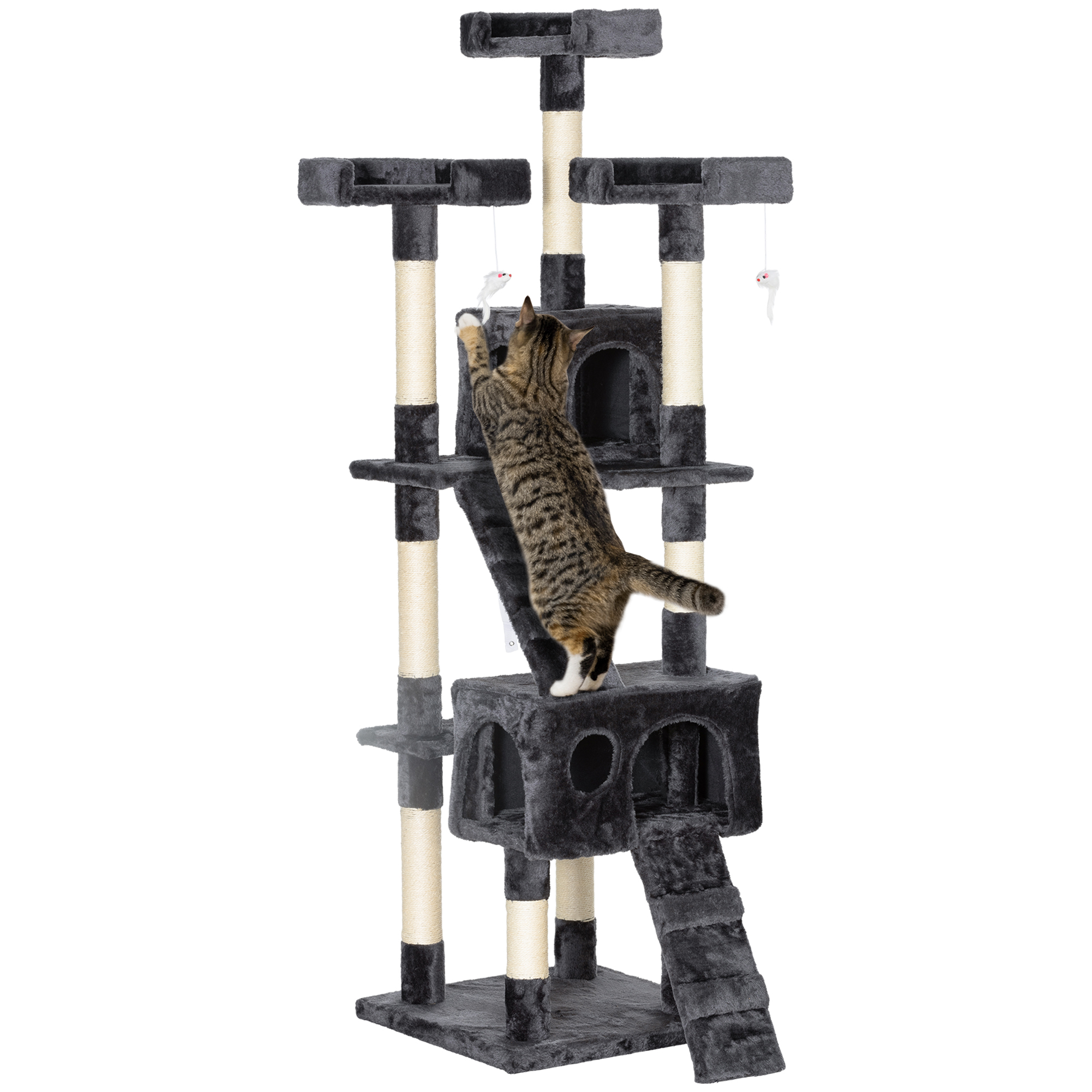 Arbre à chat 173 cm, tour pour chat avec niche, poteaux en sisal, grande plateforme, multi-niveaux, pour petits chats, gris