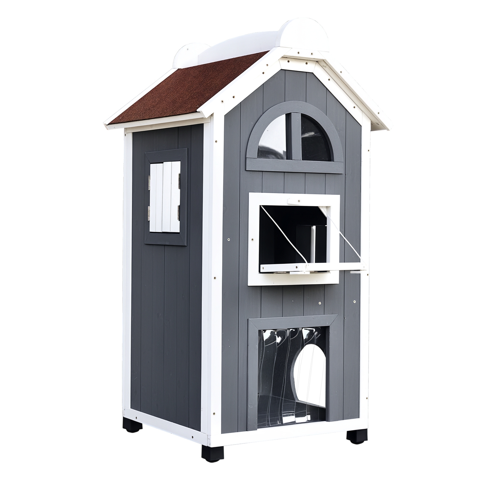Maison pour chat d'extérieur 2 étages en bois de sapin. résistante aux intempéries. avec toit en asphalte. 59 x 55 x 109 cm. gris