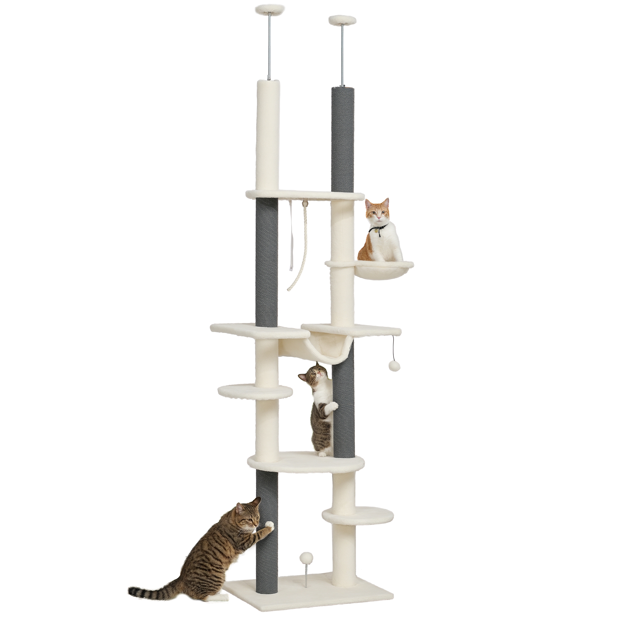 Arbre à chat jusqu'au plafond. réglable 225-255 cm. plateformes et hamacs. protection anti-basculement. blanc