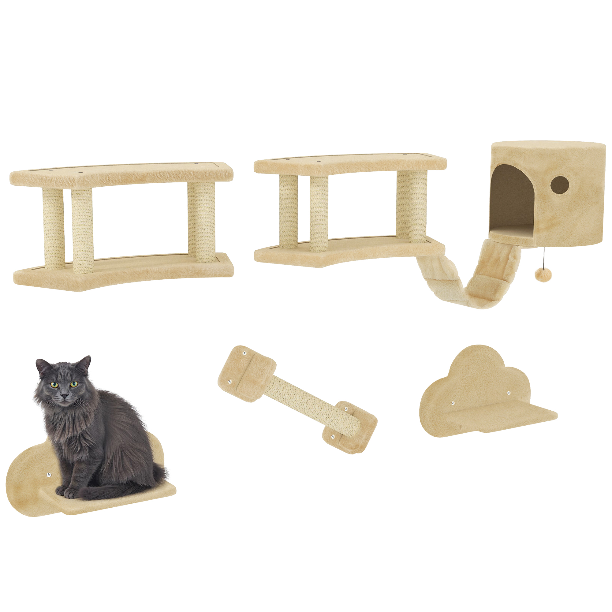 Ensemble d'escalade pour chat en 5 pièces avec poteaux à gratter. plateformes de saut. échelle et maison. fixation murale. beige