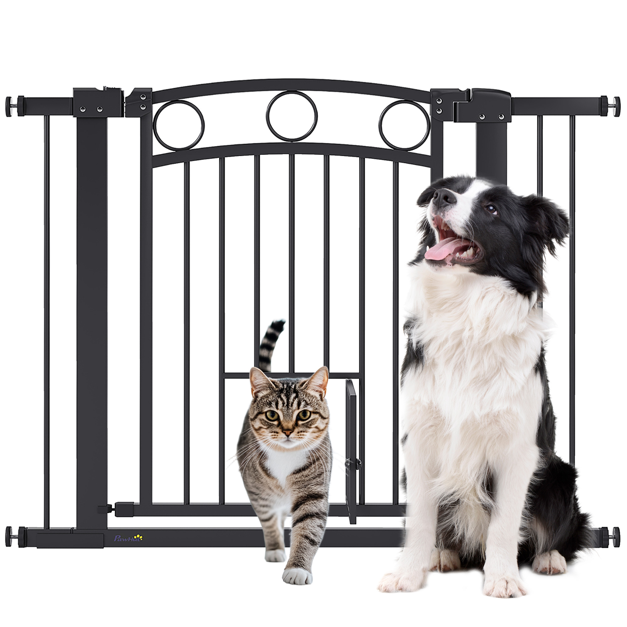 Porte pour animaux 77 cm. barrière d'escalier. largeur réglable 76-104 cm. avec chatière. pour escaliers et ouvertures de porte. noir