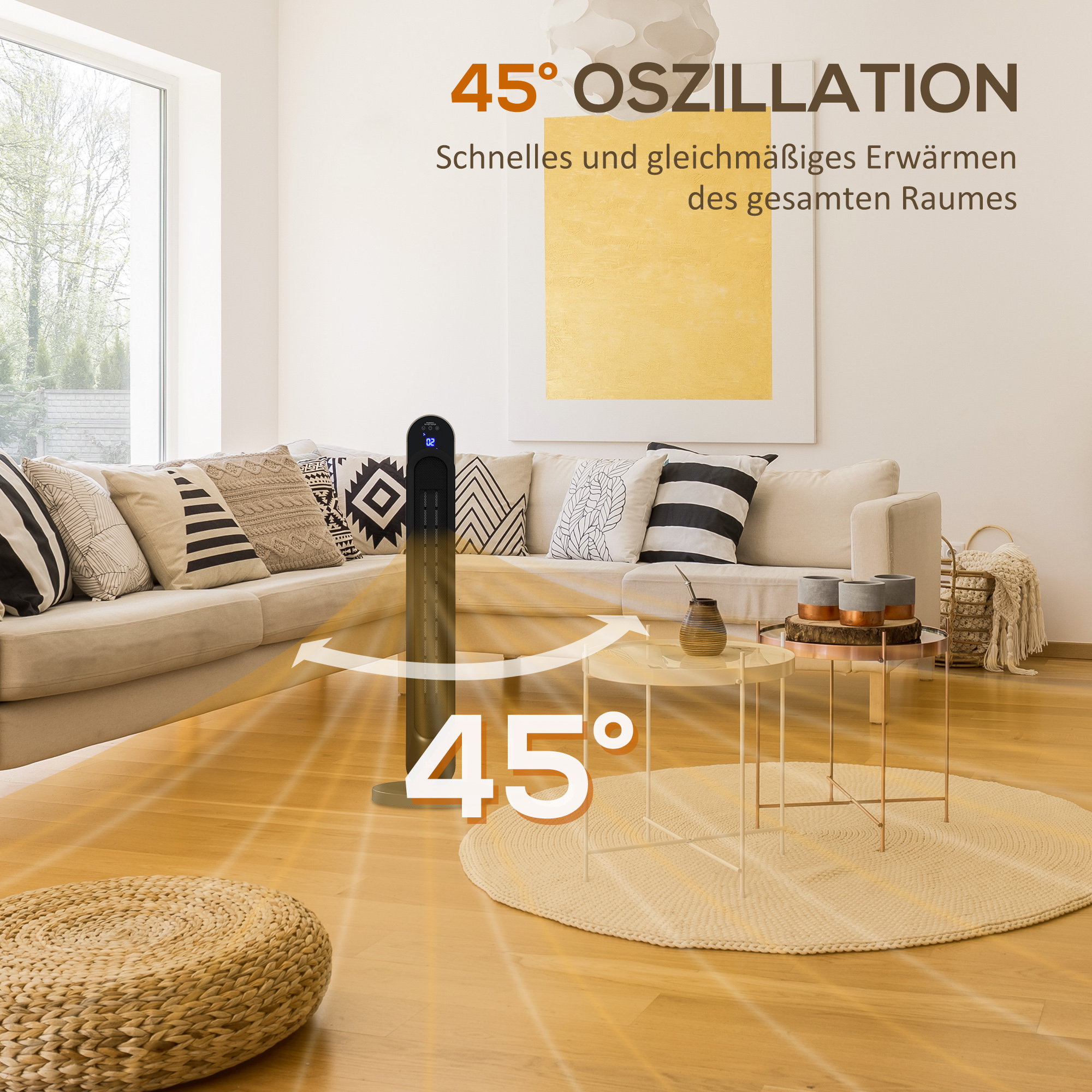 Télécommande, écran LED, minuterie 12h, sécurités anti‑basculement et surchauffe
