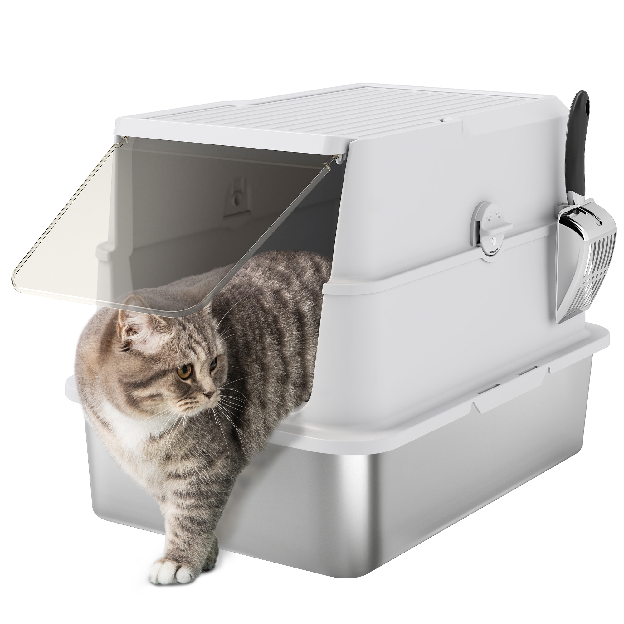 Litière pour chat en acier inoxydable. intérieur XL. avec pelle. gris clair