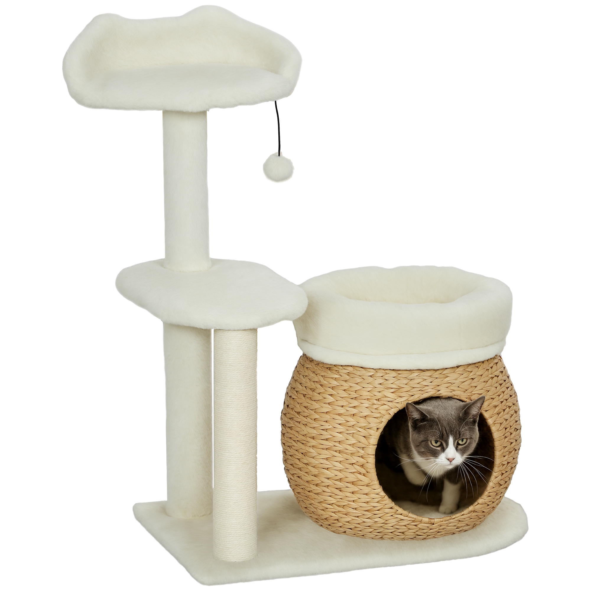 Arbre à chat avec niche. balle de jeu et plateforme. roseau/sisal. jusqu'à 10 kg. 60 x 40 x 79 cm. blanc crème