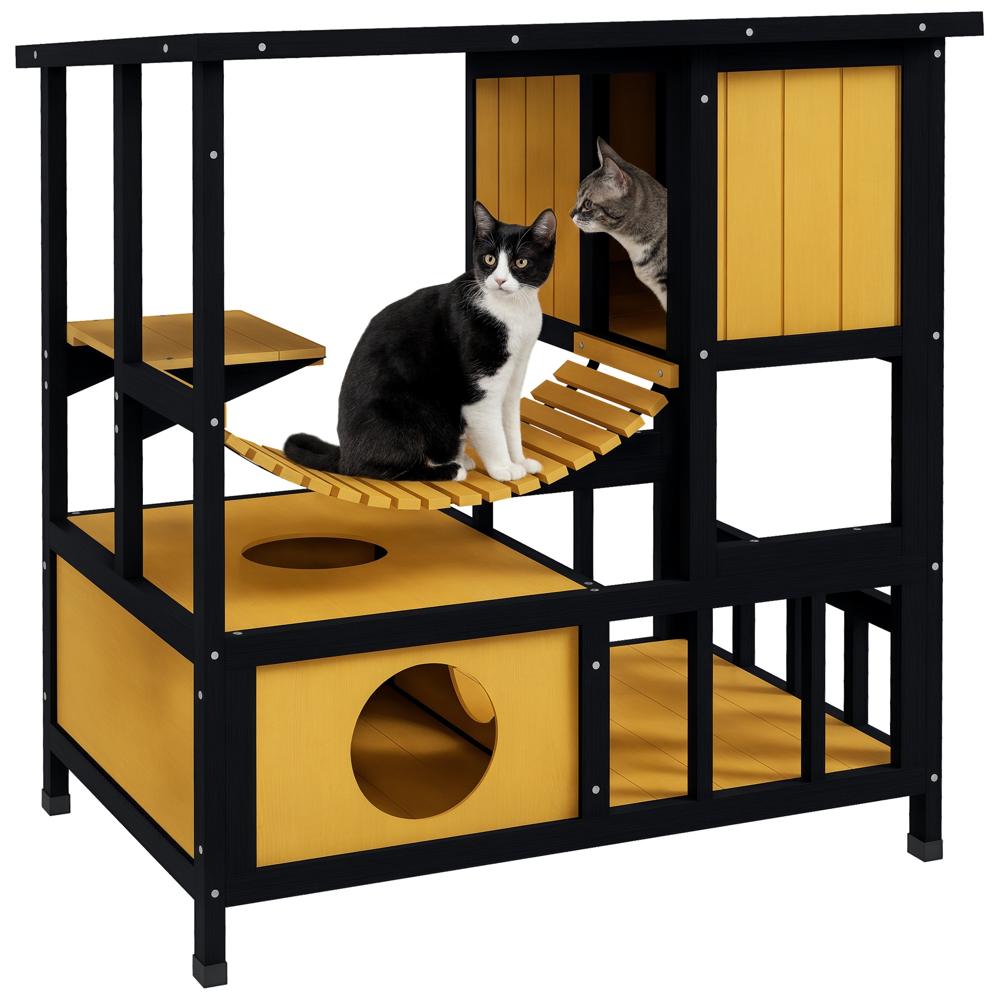 Maison pour chat. cabane. niche. résistante aux intempéries. 1 rampe. 1 plateforme. 84.5 x 60 x 88 cm. vert et naturel
