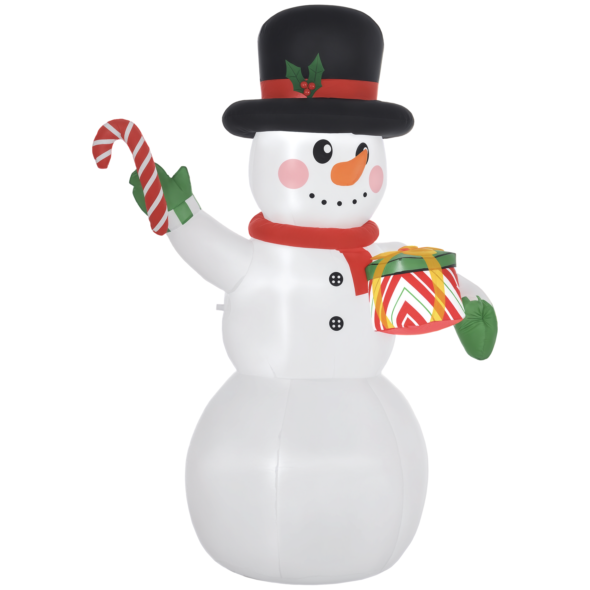 Bonhomme de neige gonflable 1,80 m, canne de Noël et cadeau, 4 LED, étanche