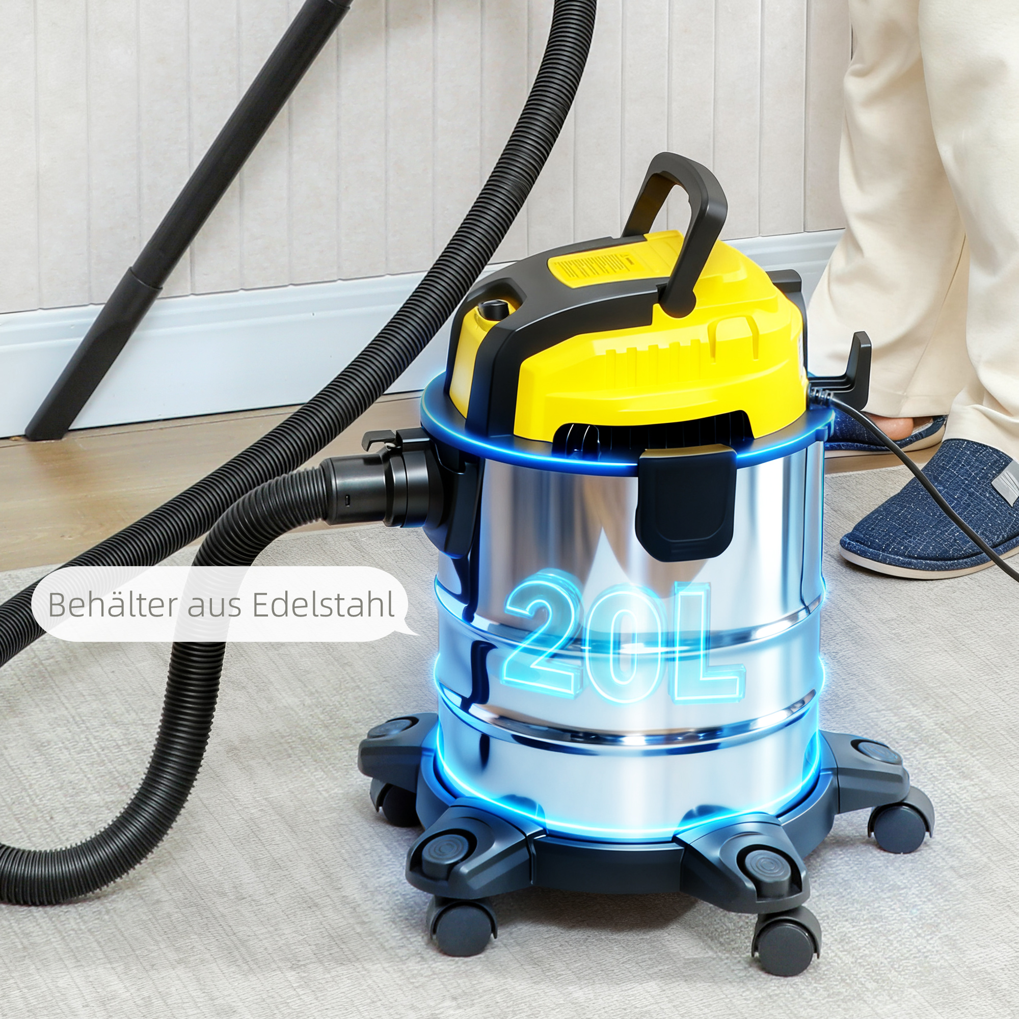 Aspiradora húmeda/seca con triple filtración y tanque de acero inoxidable de 20 L
