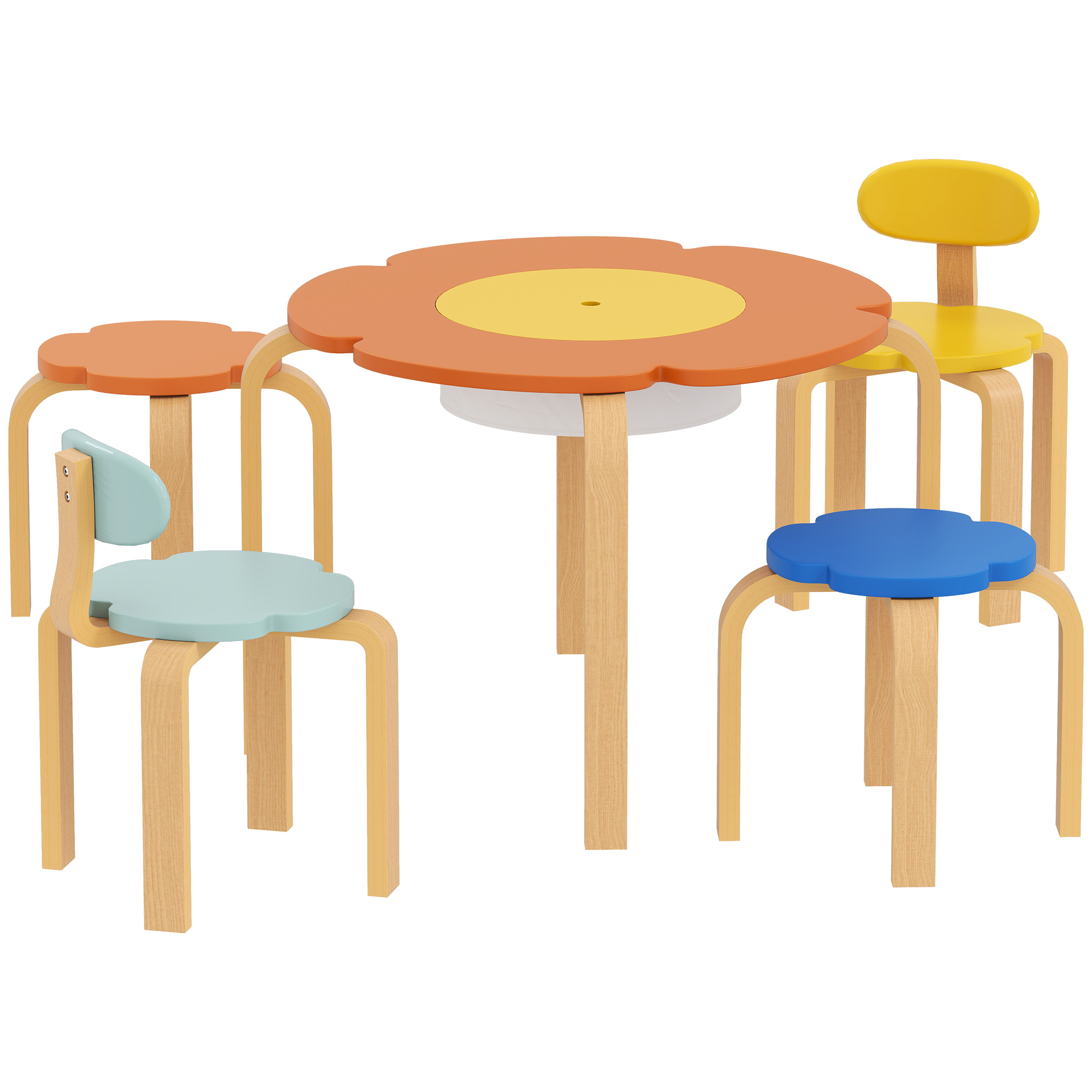 Set Table et Chaises Enfant 5 Pièces avec Tissu de Rangement Central, Motifs Fle