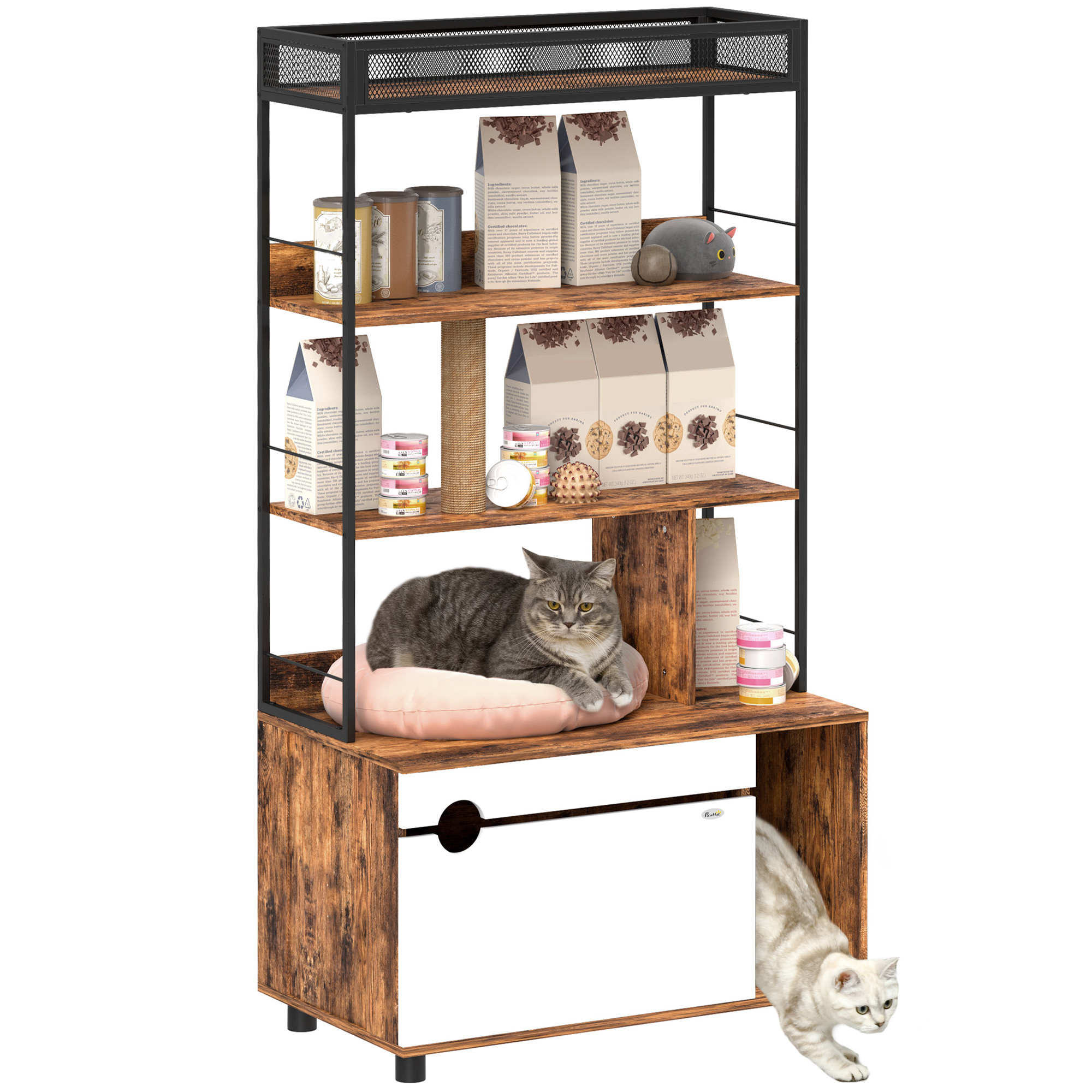Litière pour chat avec étagère de rangement 3 niveaux et poteau à gratter. litière fermée. 80 x 48 x 152 cm. marron