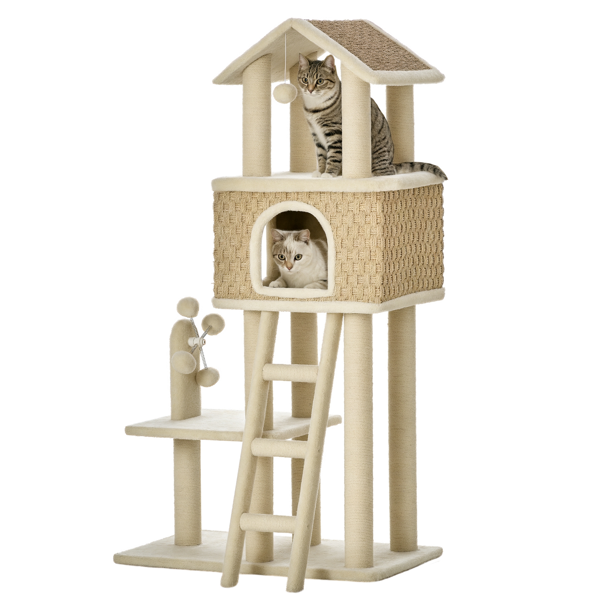 Arbre à chat avec niche. jouets inclus. sisal et peluche. kaki. beige et café