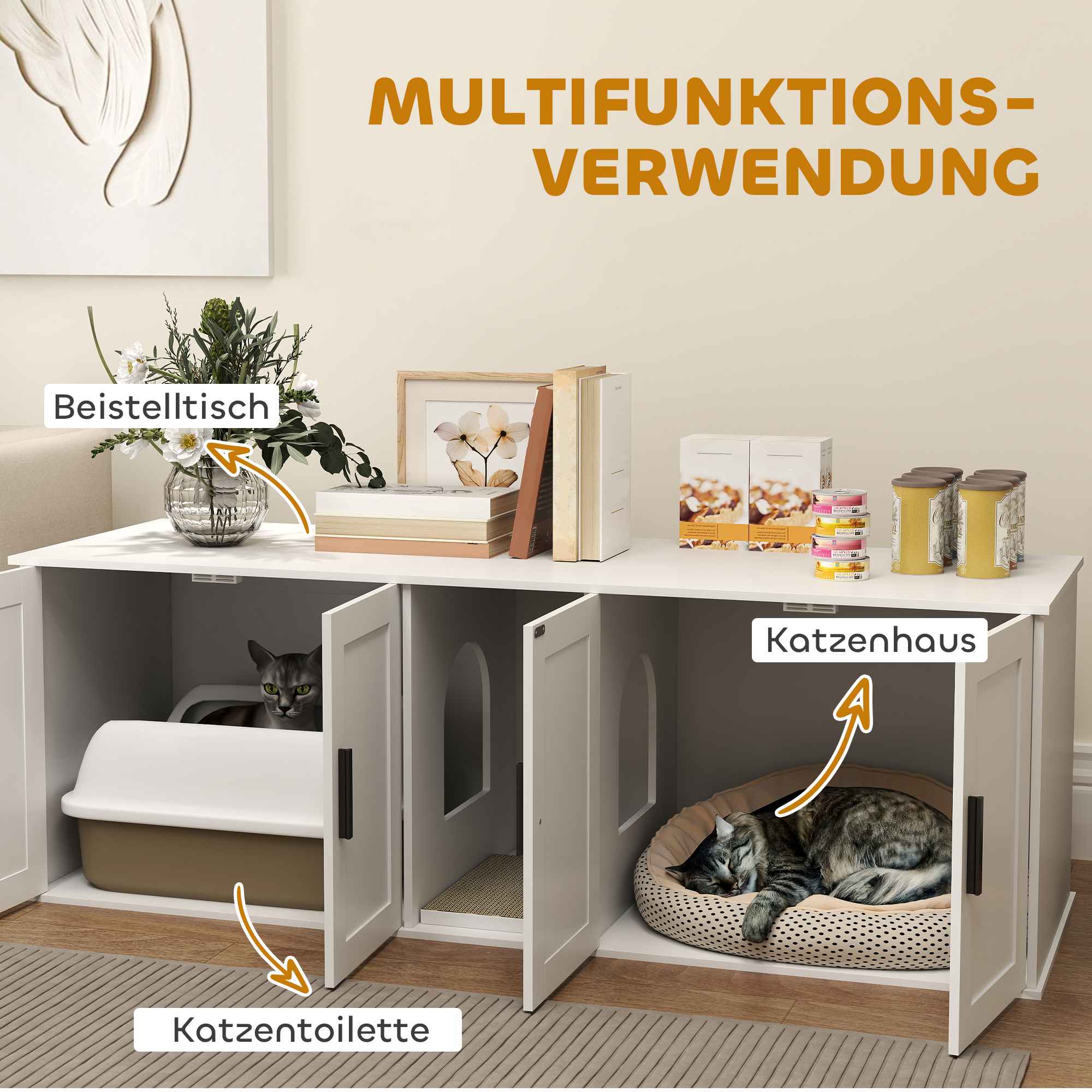 Meuble cache-litière 3-en-1 pour chat