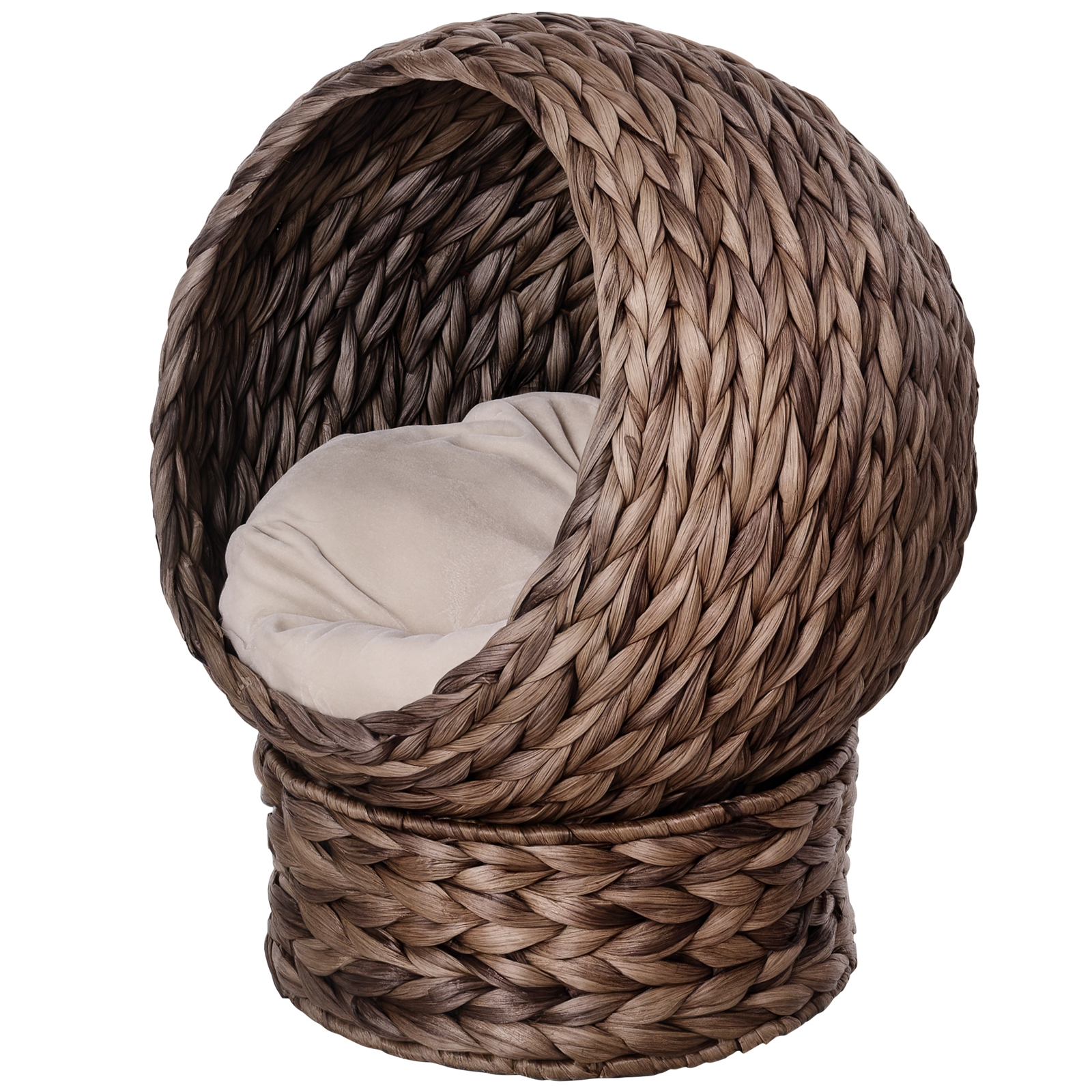 Panier pour chat en jacinthe d'eau avec coussin. lit pour chat. 50 x 42 x 60 cm. marron et beige