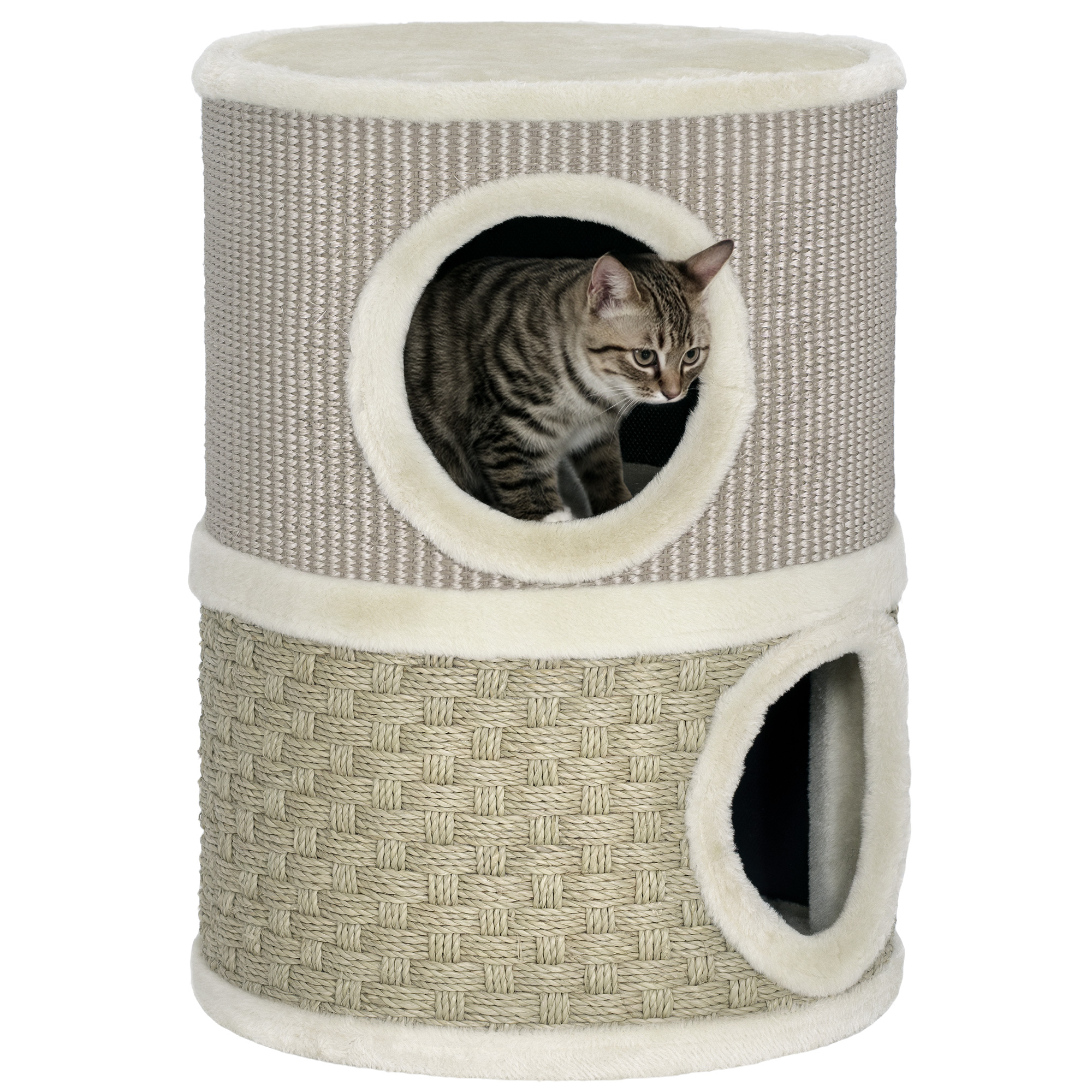 Tonneau à gratter 49 cm. Ø 35.5 cm. à deux étages avec bord en peluche. tapis à gratter et 2 niches. kaki et café