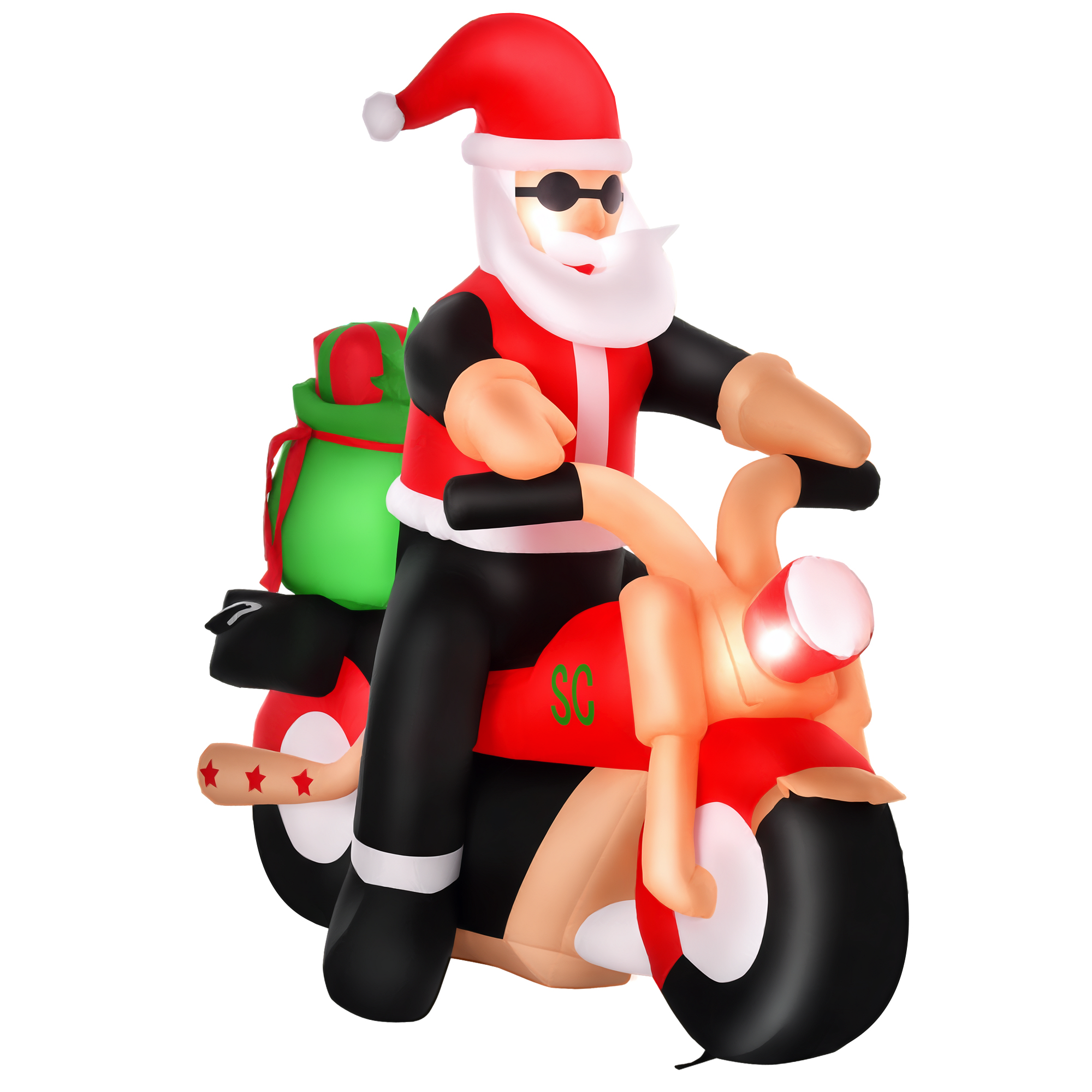 Père Noël gonflable 1,65 m en moto avec cadeaux, LED chaudes, souffleur inclus, rouge/blanc/noir