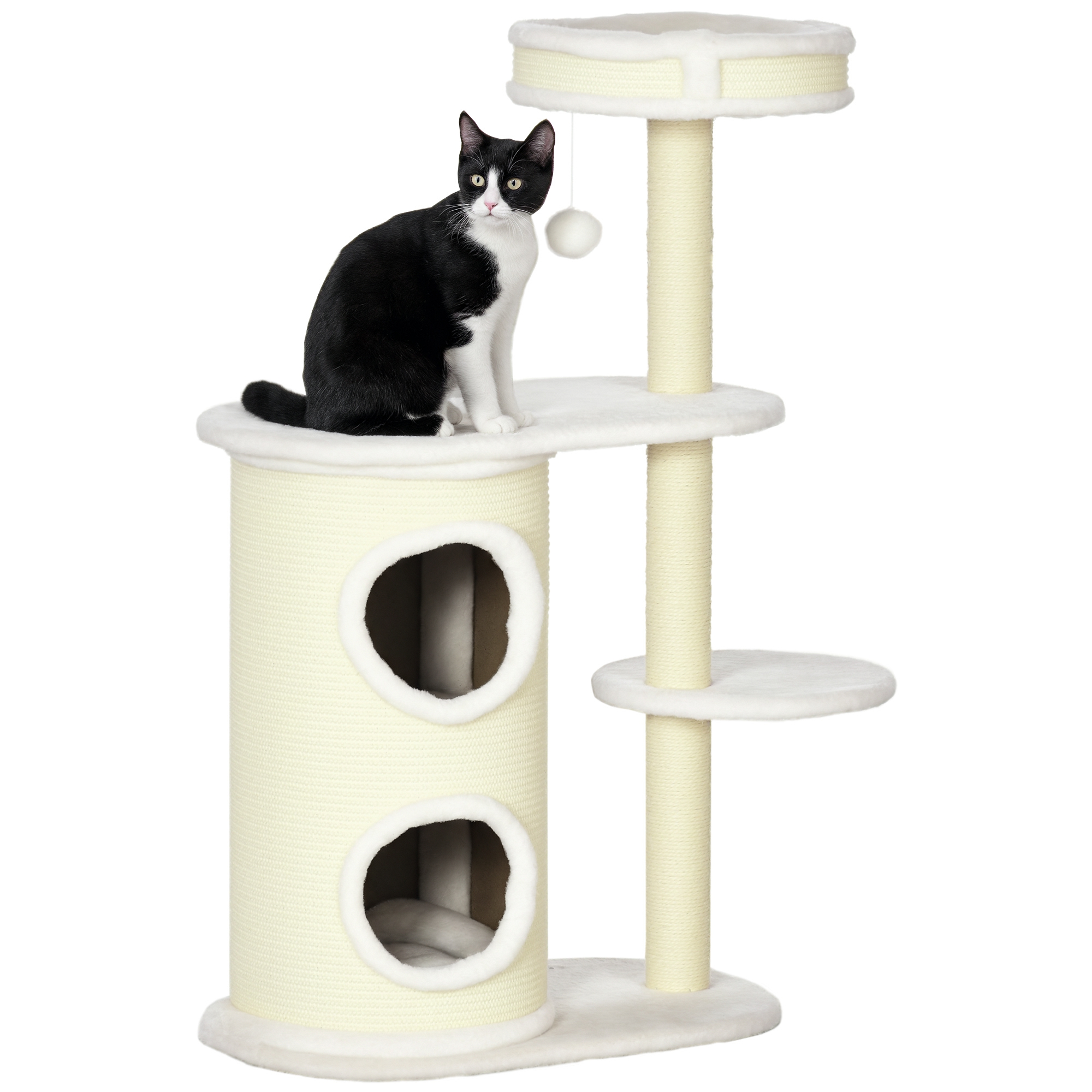 Arbre à chat avec tonneau à gratter. 1 lit pour chat et jouet. 59 x 35 x 100 cm. blanc crème