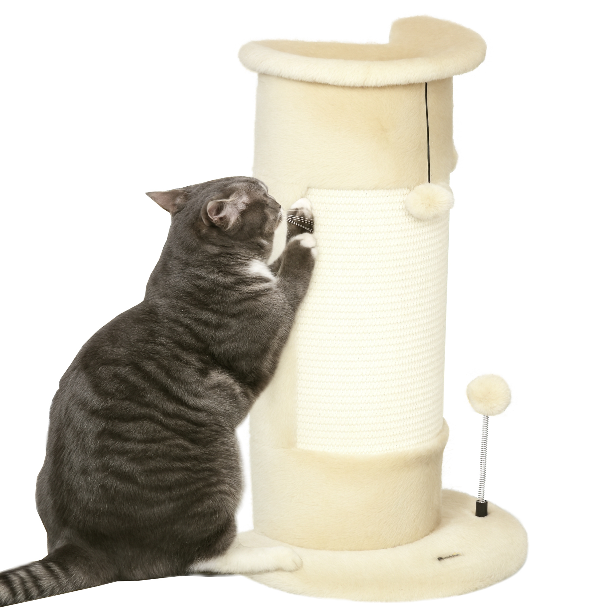 Arbre à chat d'angle avec jouets. 2 balles incluses. peluche douce. 34 x 25.5 x 58 cm. blanc crème