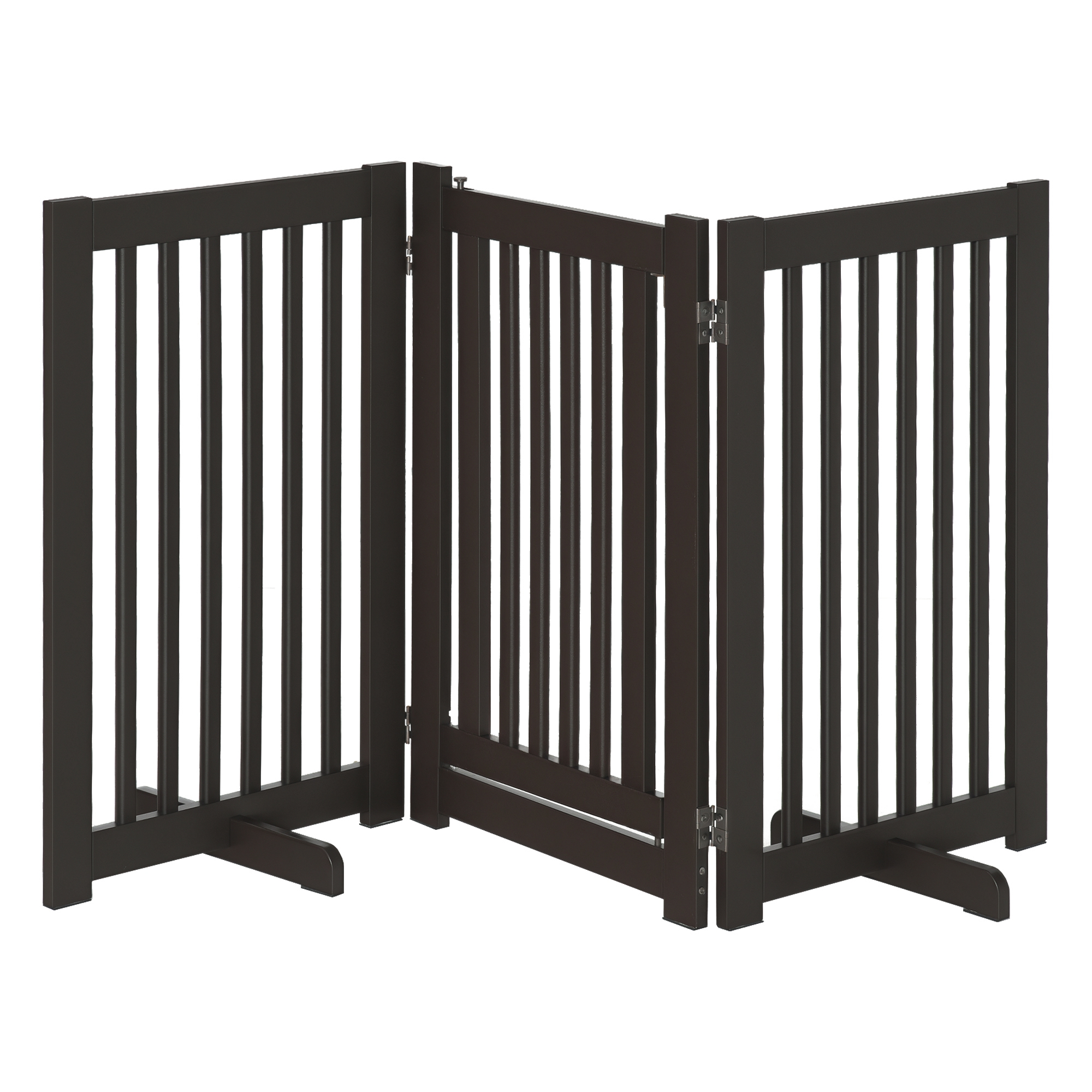 Barrière pour chien autoportante et réglable avec pieds, 155 x 76 cm, en bois, pliable, pour escaliers, portes, cuisine, couloir, 3 panneaux, brun foncé