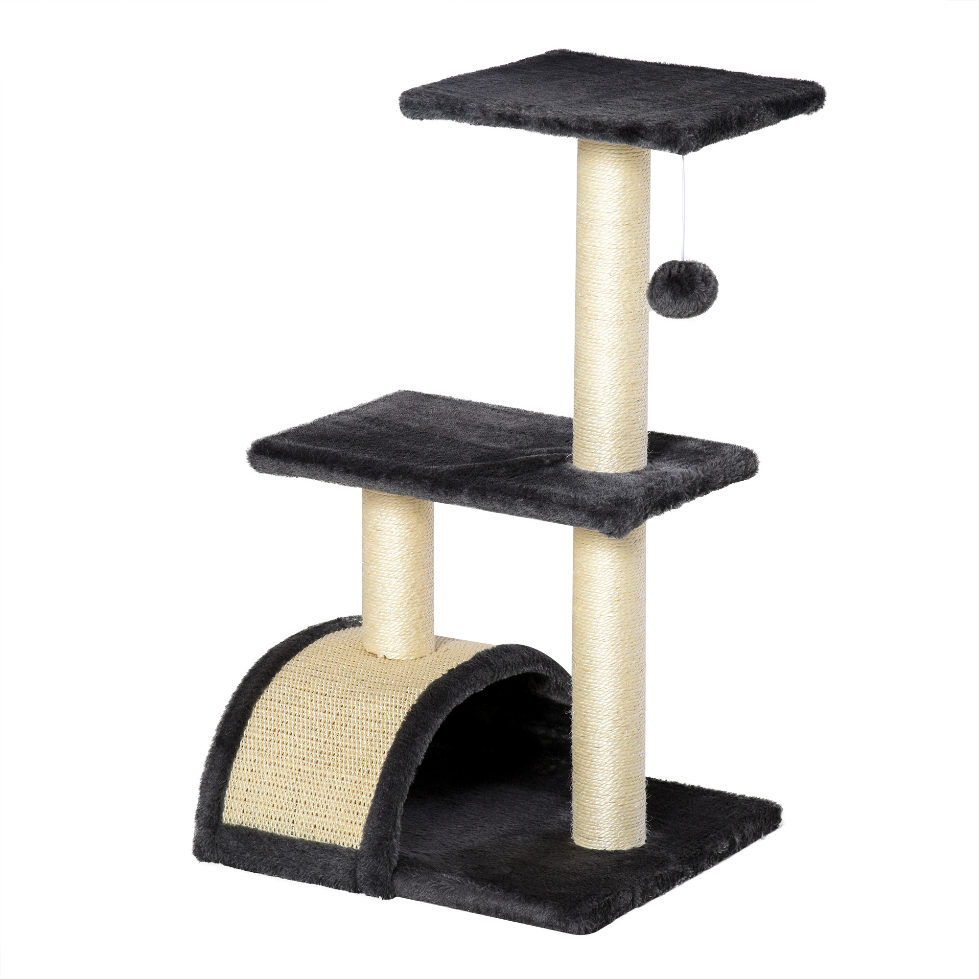 Arbre à chat 72 cm. tour avec balles en peluche. troncs en sisal. plateforme et planche à gratter. pour chats de taille moyenne. gris