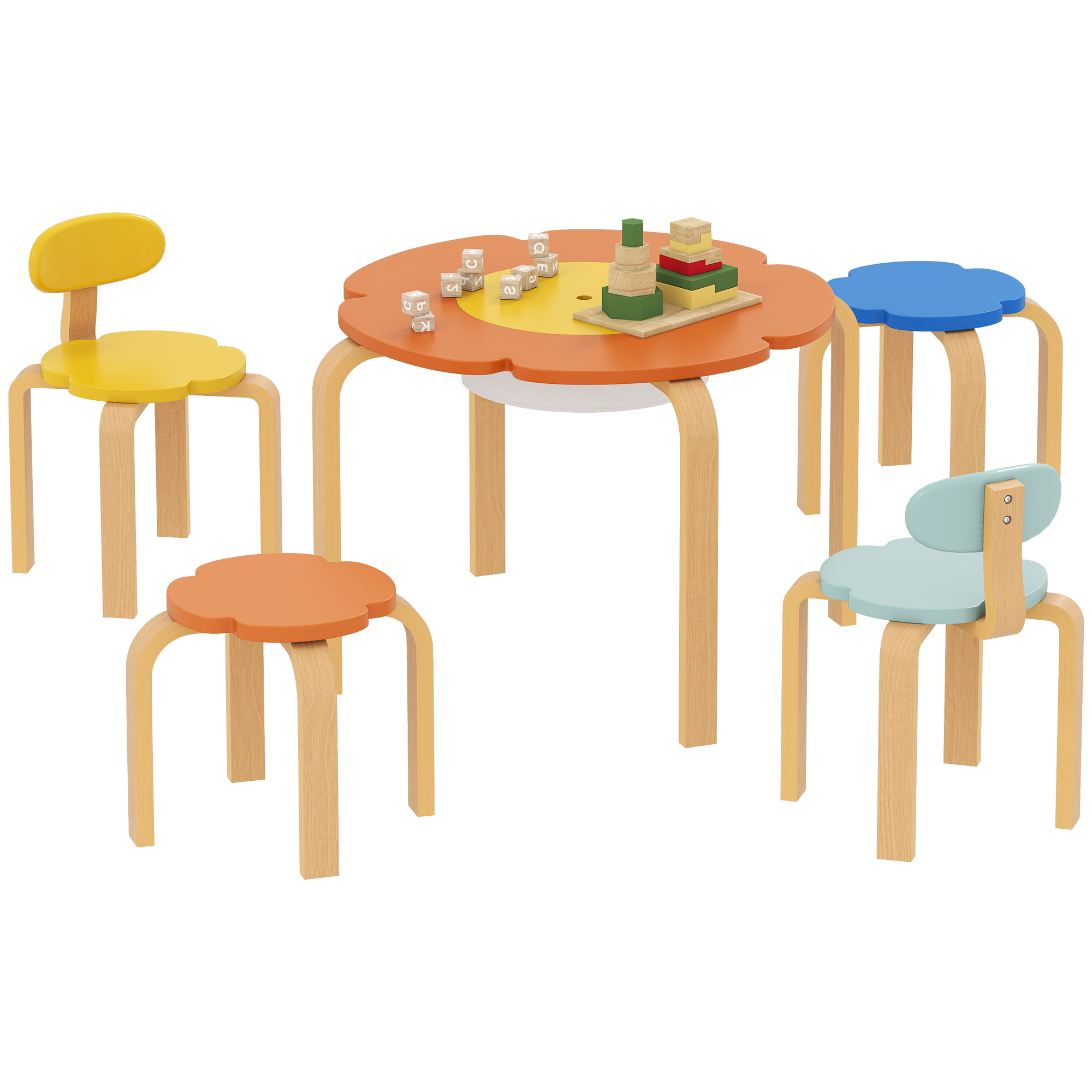 Set Table et Chaises Enfant 5 Pièces avec Tissu de Rangement Central, Motifs Fle