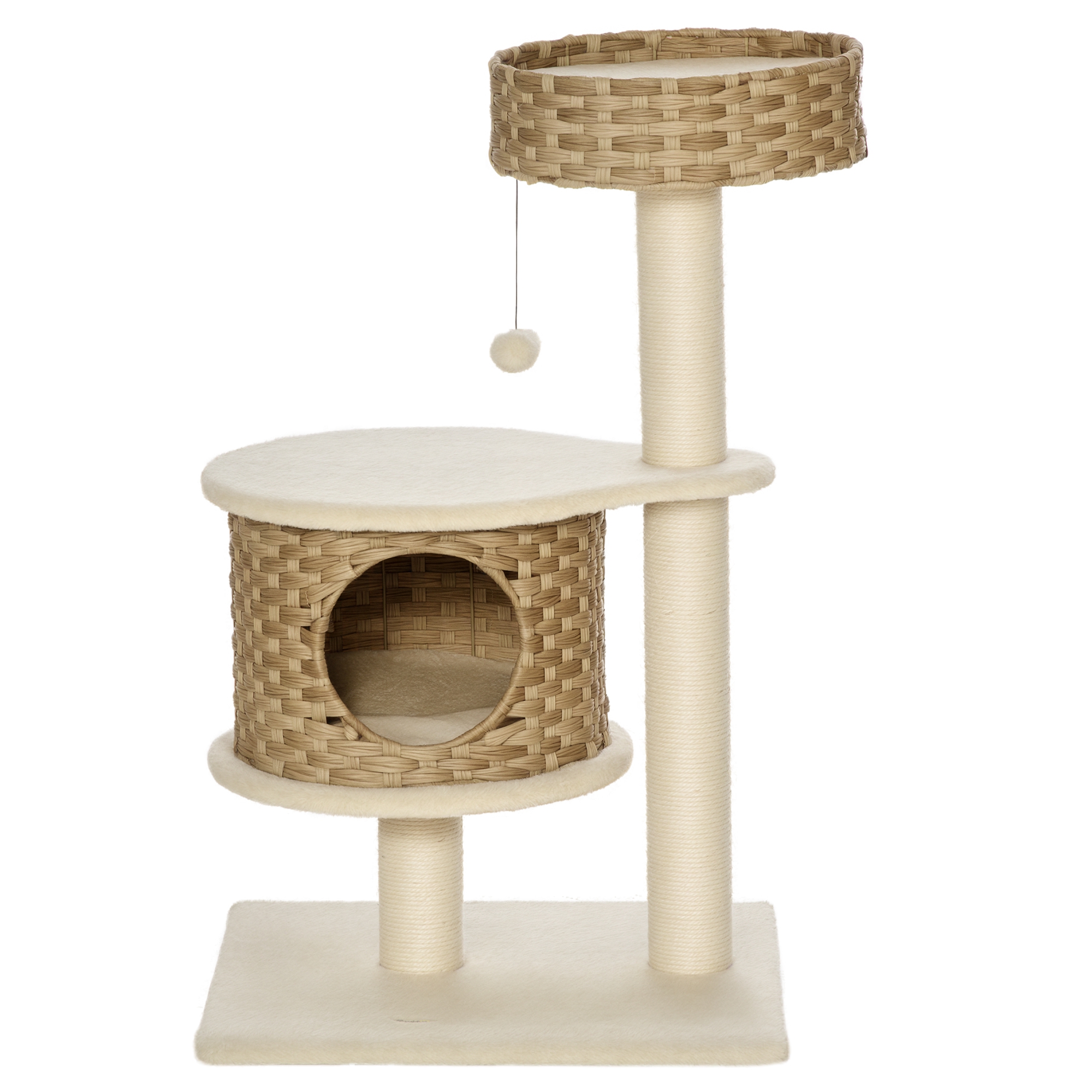 Arbre à chat 95 cm. tour avec niche. balle de jeu. troncs en sisal et grande plateforme. pour chats de moins de 5 kg. naturel et beige