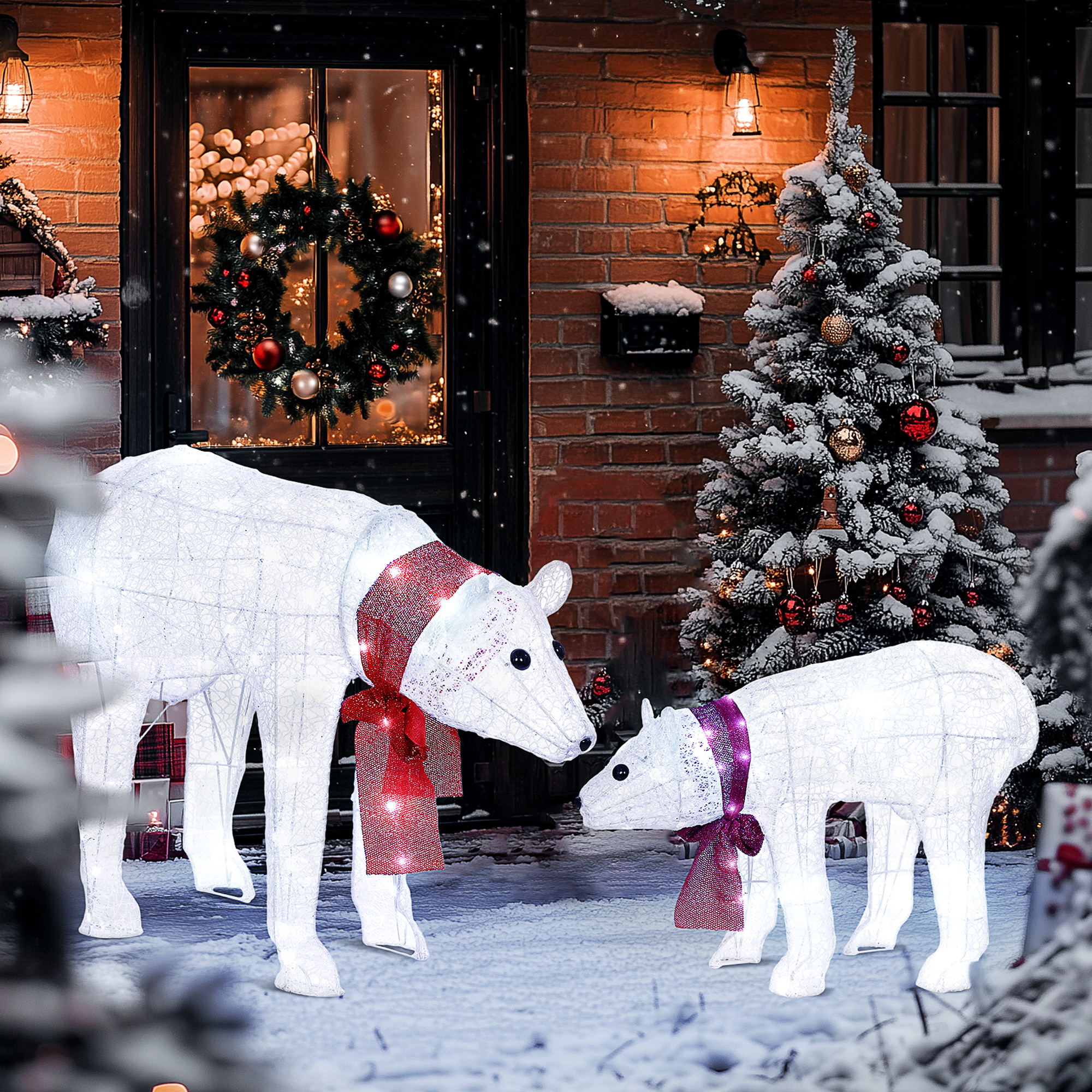 Décoration de Noël lumineuse 2 pièces, famille d'ours polaires, 140 LED blanc froid, étanche IP44, programmateur 6/18h, intérieur et extérieur