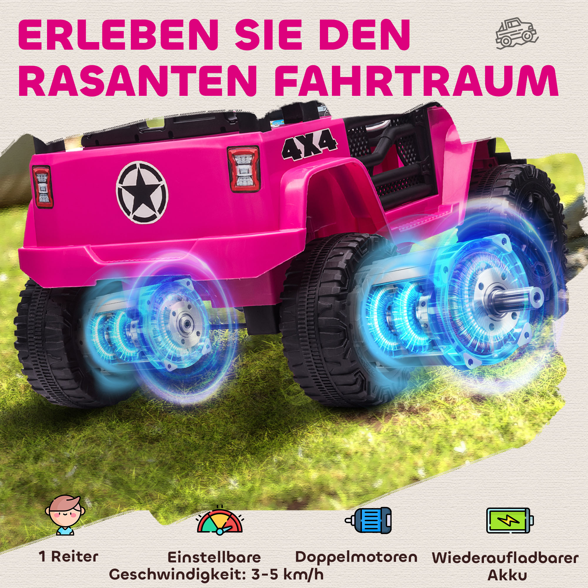 Jeep 4x4 rose vue complète avec phares allumés