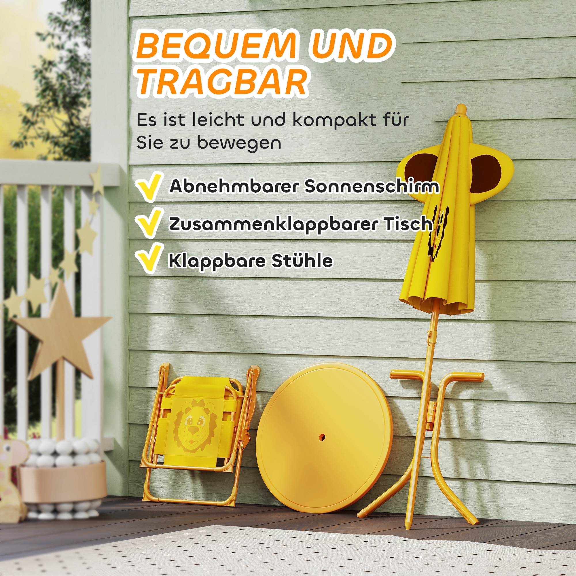 Set de Jardin Enfant 4 Pièces avec Parasol, Table Ronde et 2 Chaises Pliantes, D
