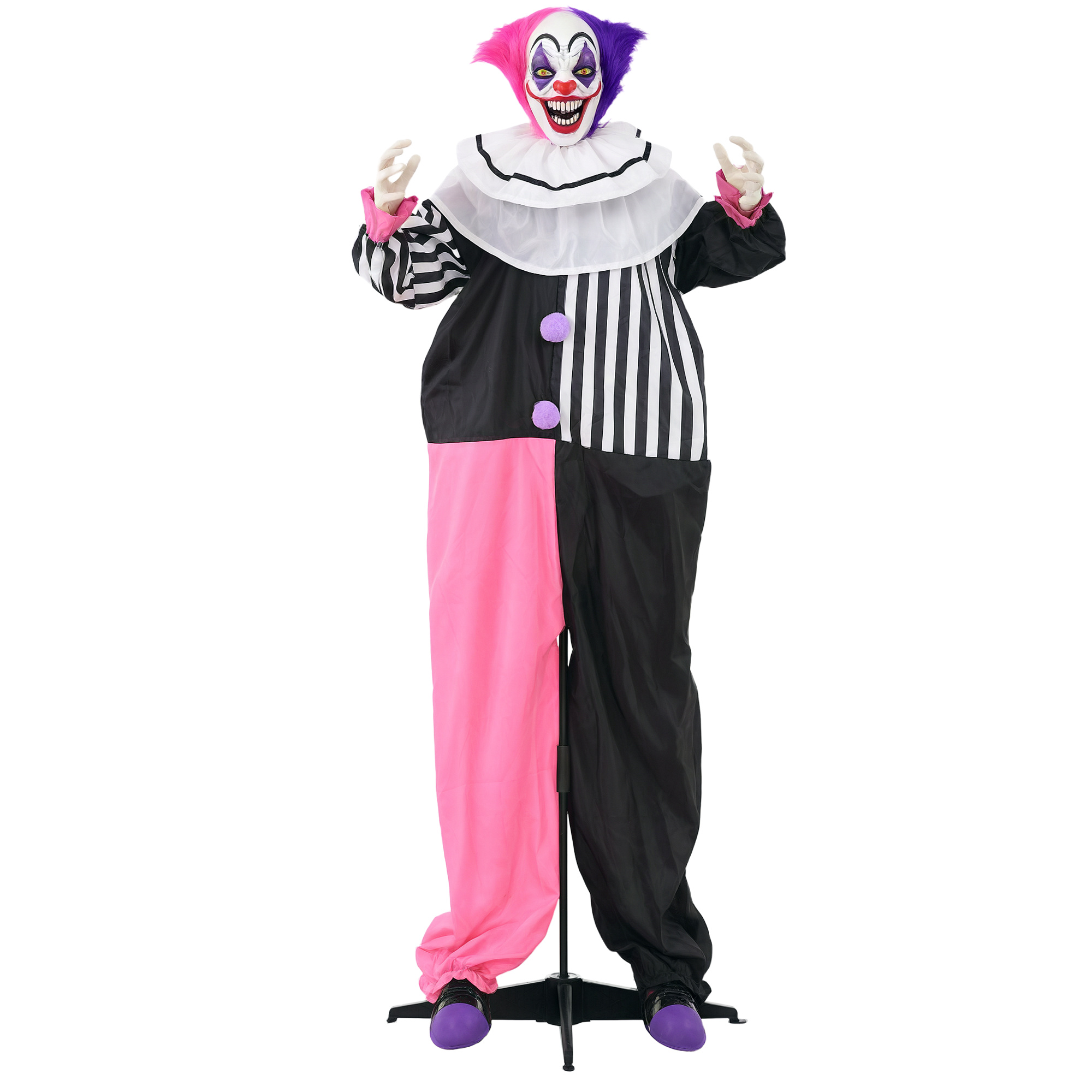 Décoration Halloween clown animé 173 cm, yeux rouges, rire effrayant, rose et violet