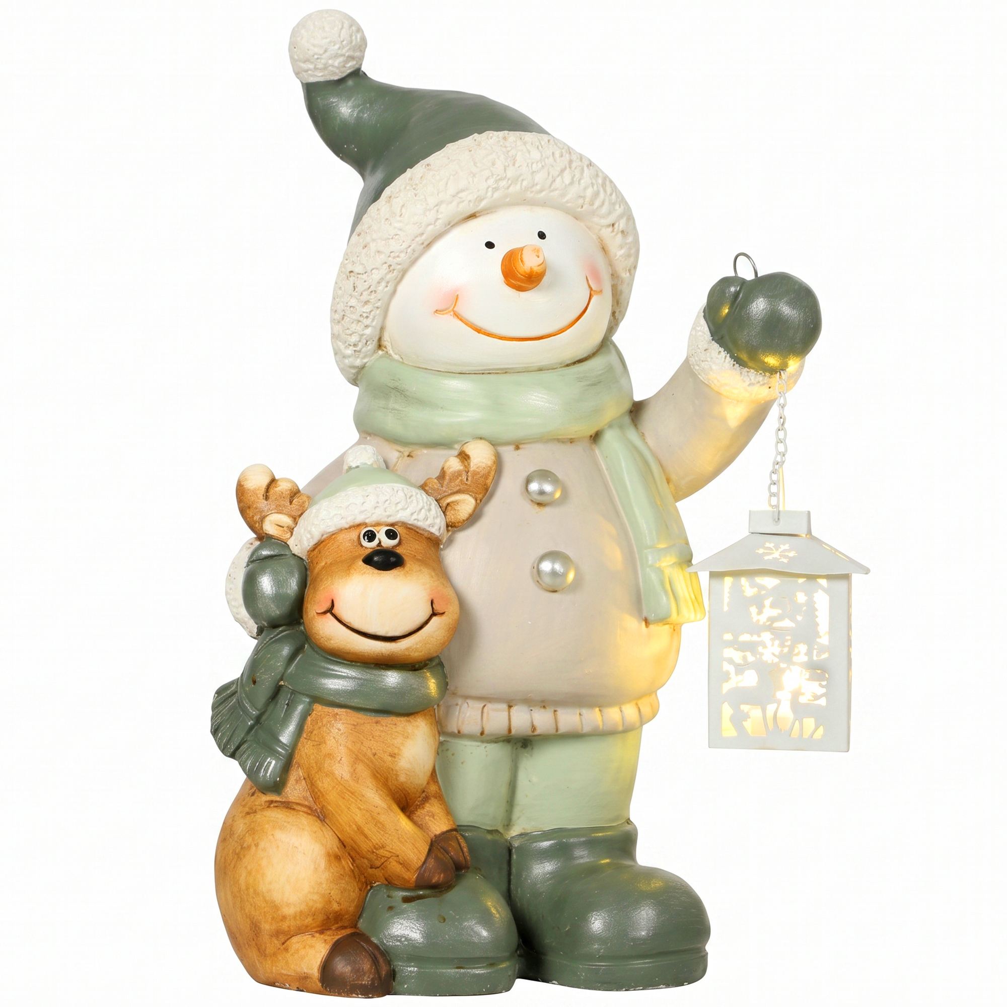 Figurine Bonhomme de Neige 43 cm en MGO, Lanterne LED avec Minuterie, pour Entrée et Porche