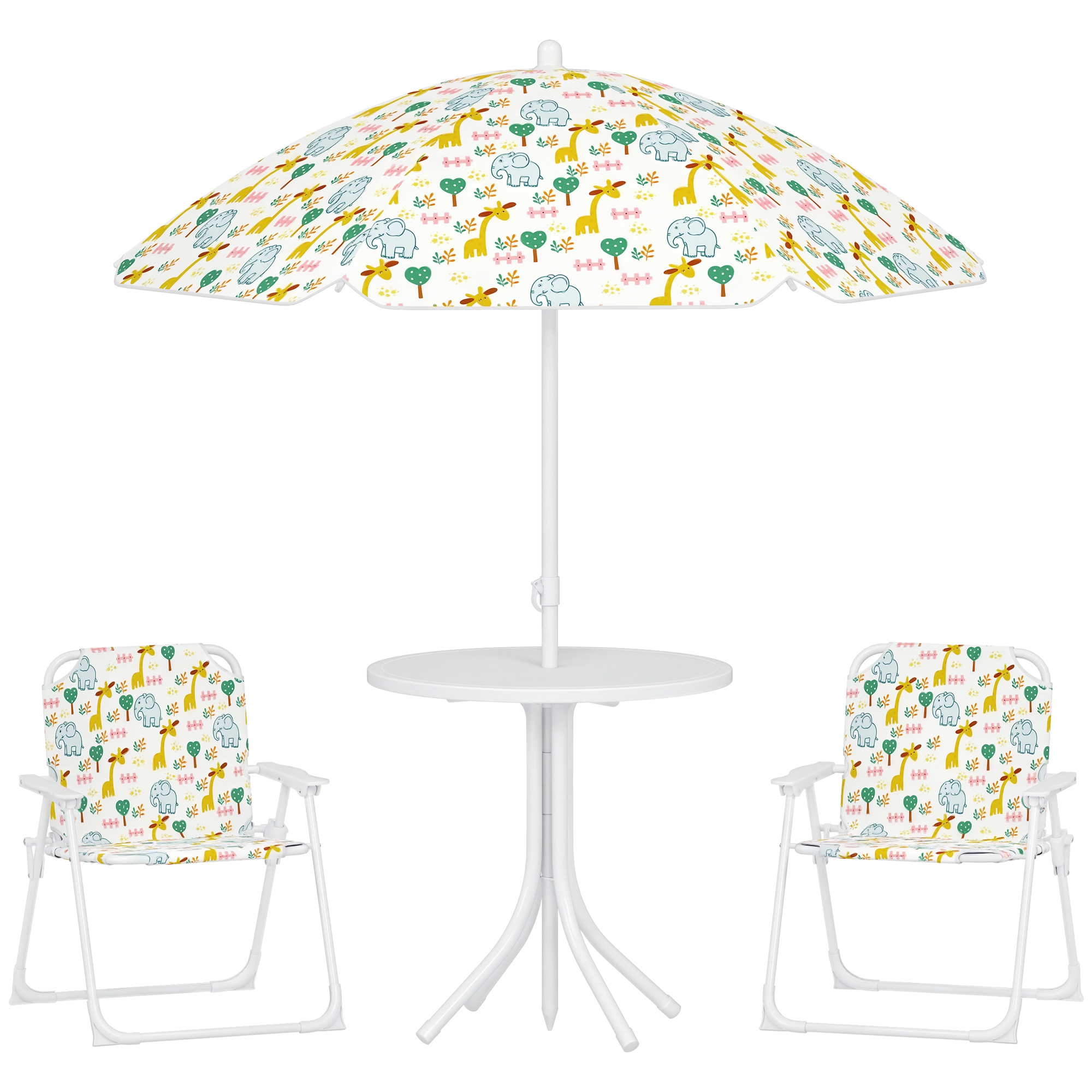 Set de Jardin Enfant 4 Pièces avec Parasol, Table Ronde et 2 Chaises Pliantes, M